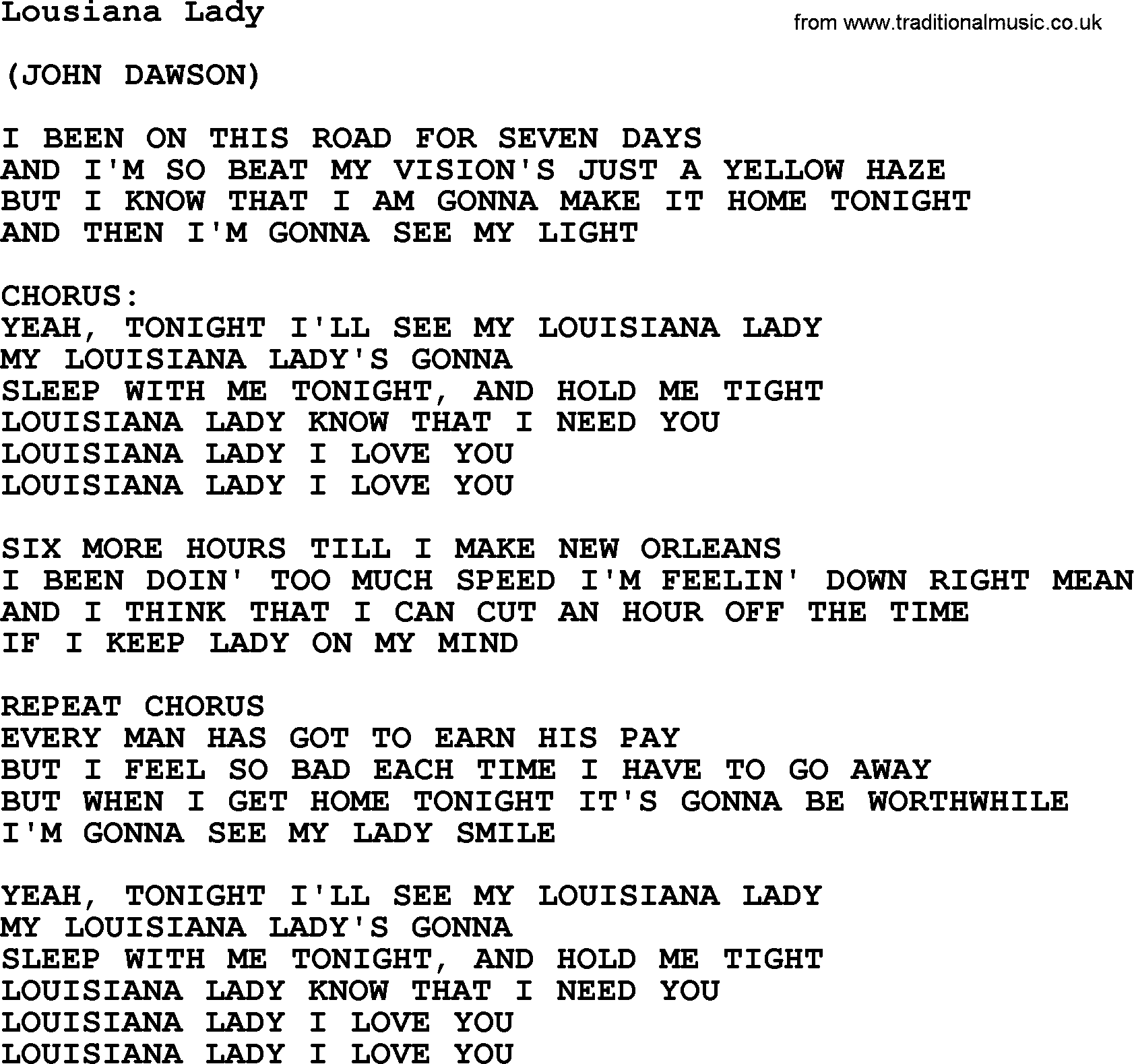 The Byrds song Lousiana Lady, lyrics