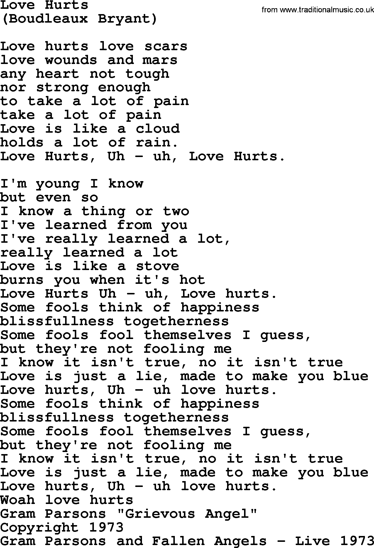 The Byrds song Love Hurts, lyrics