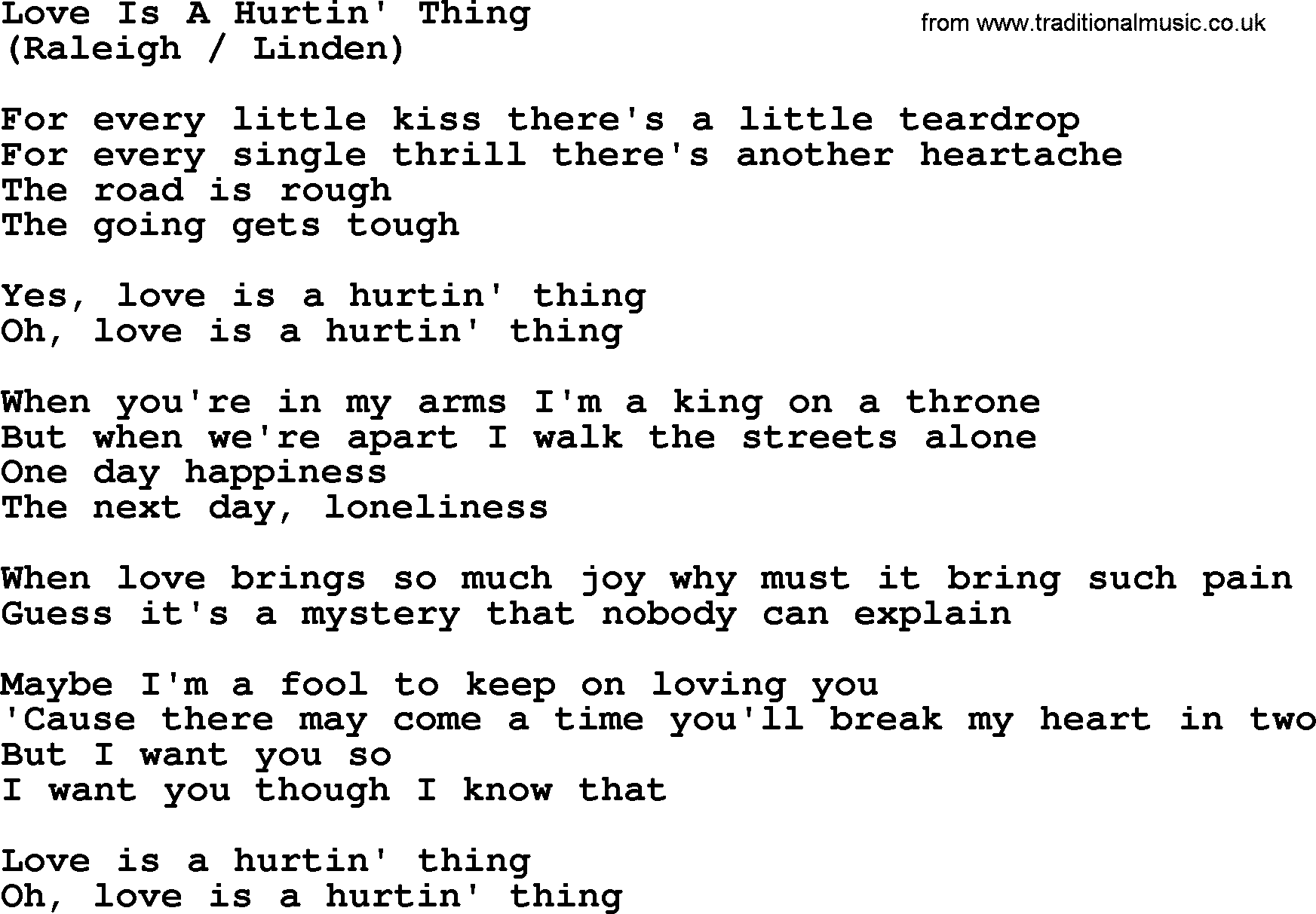 The Byrds song Love Is A Hurtin' Thing, lyrics