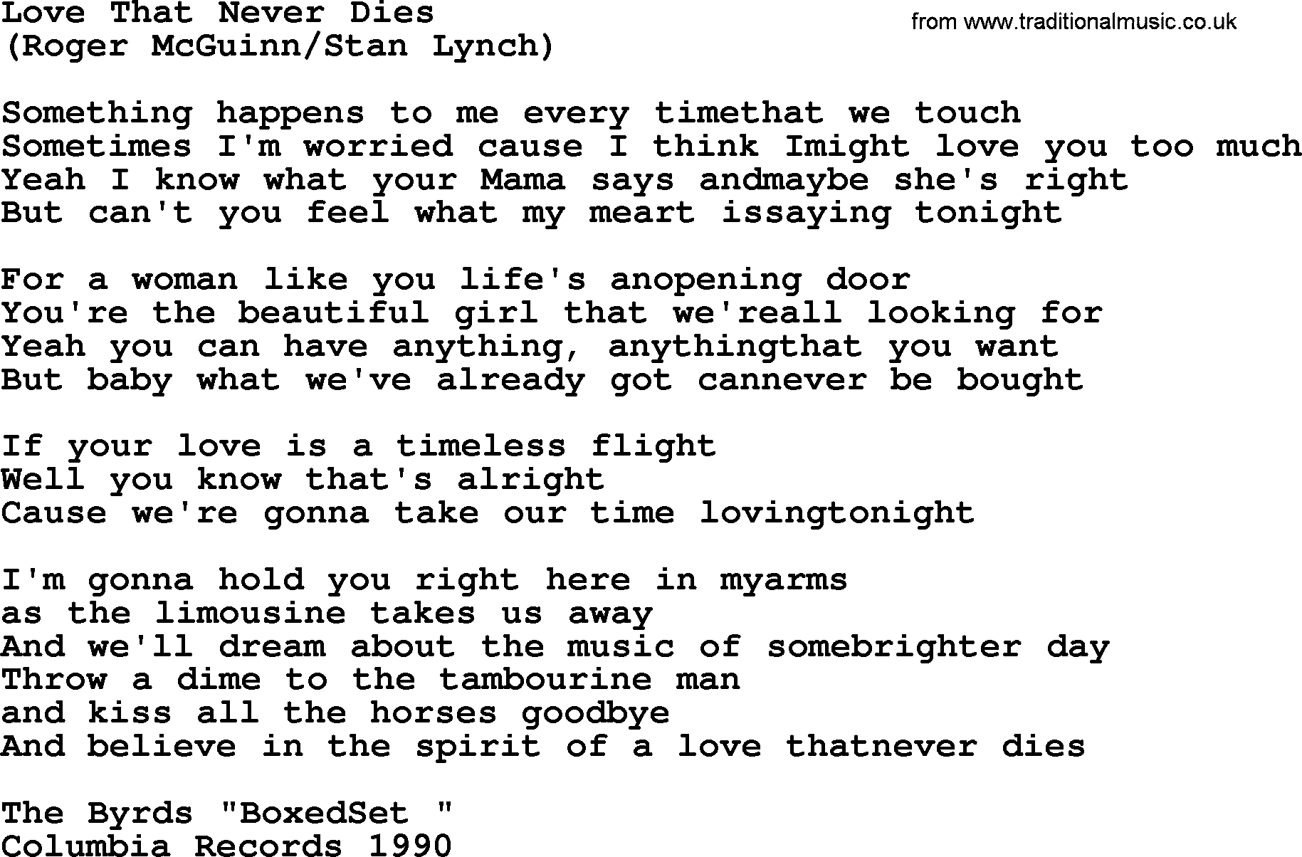 The Byrds song Love That Never Dies, lyrics