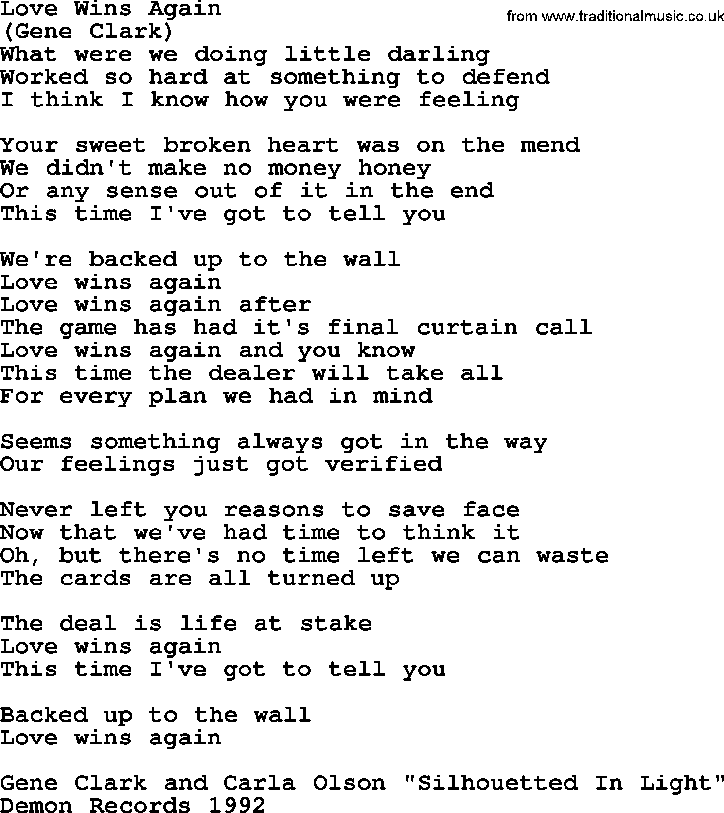 The Byrds song Love Wins Again, lyrics