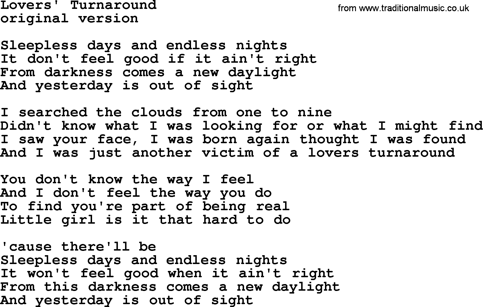The Byrds song Lovers' Turnaround, lyrics