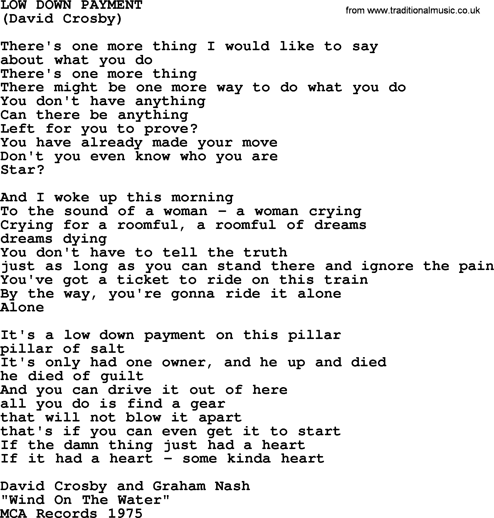 The Byrds song Low Down Payment, lyrics