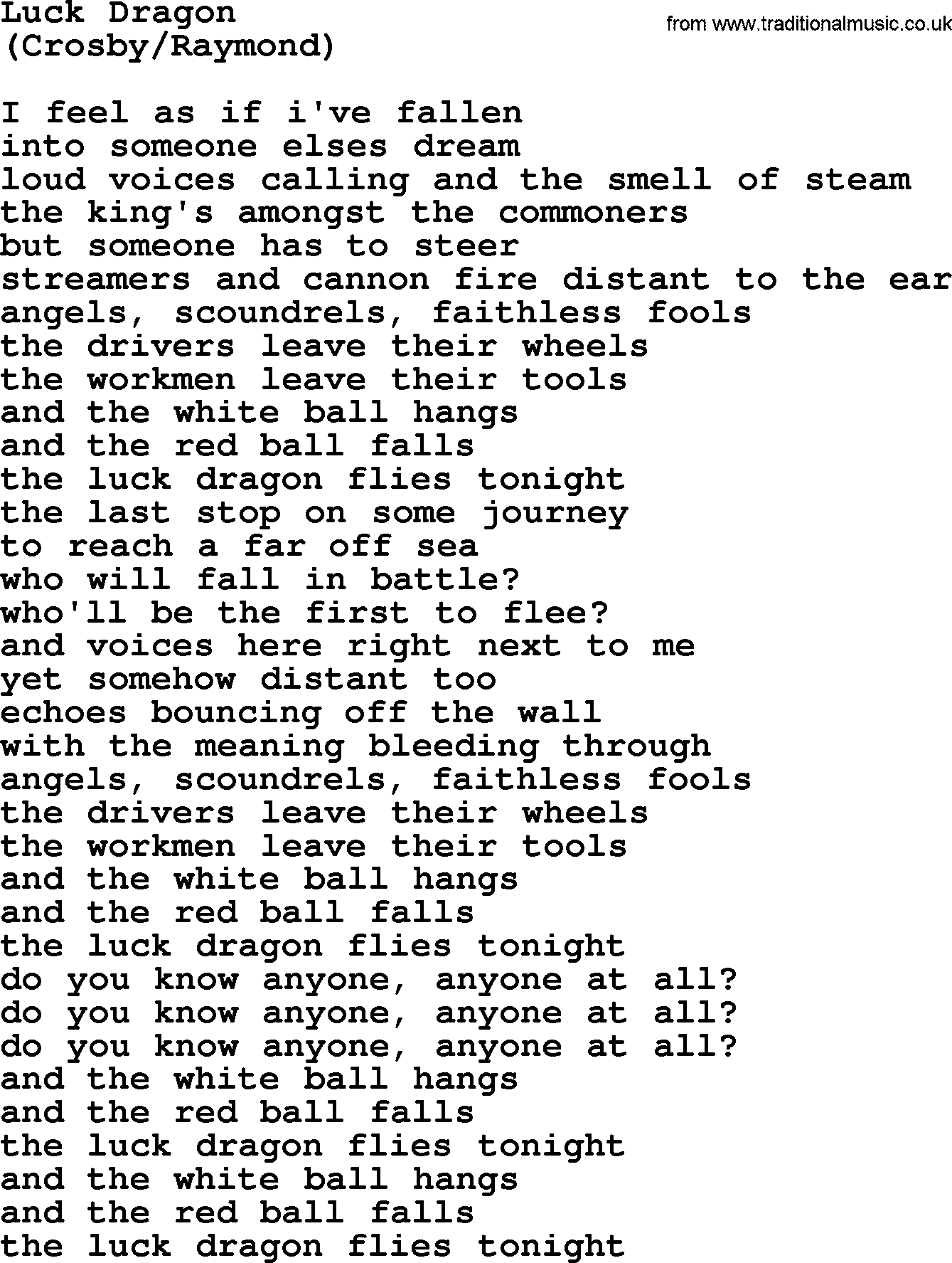 The Byrds song Luck Dragon, lyrics