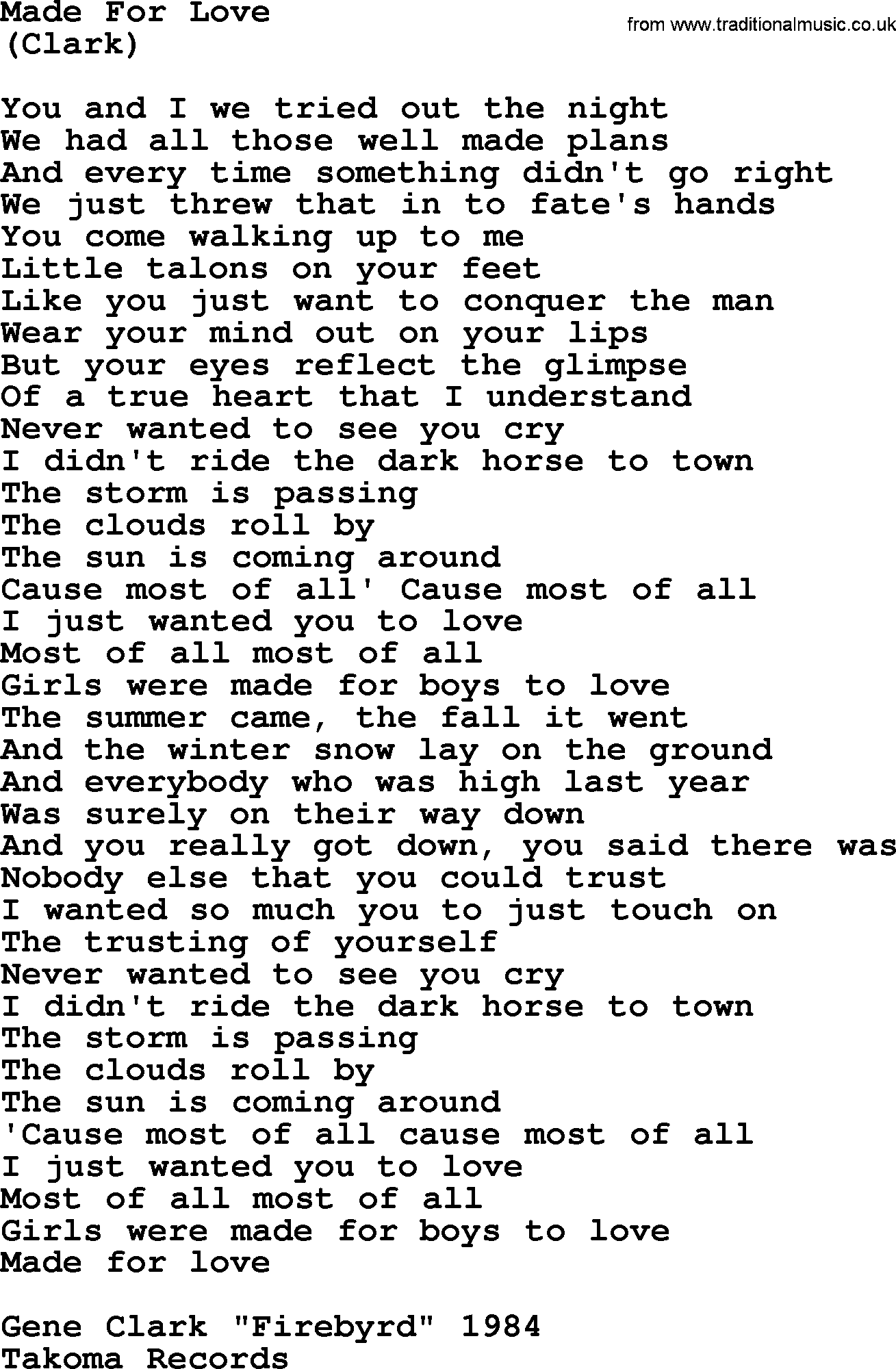 The Byrds song Made For Love, lyrics