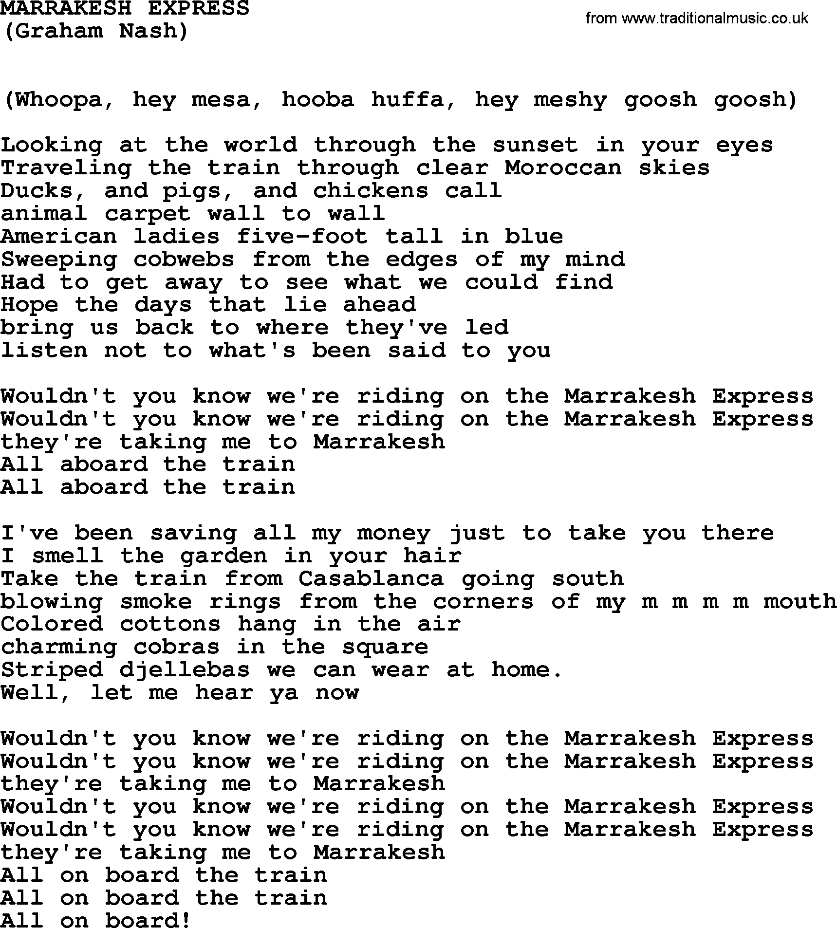 The Byrds song Marrakesh Express, lyrics