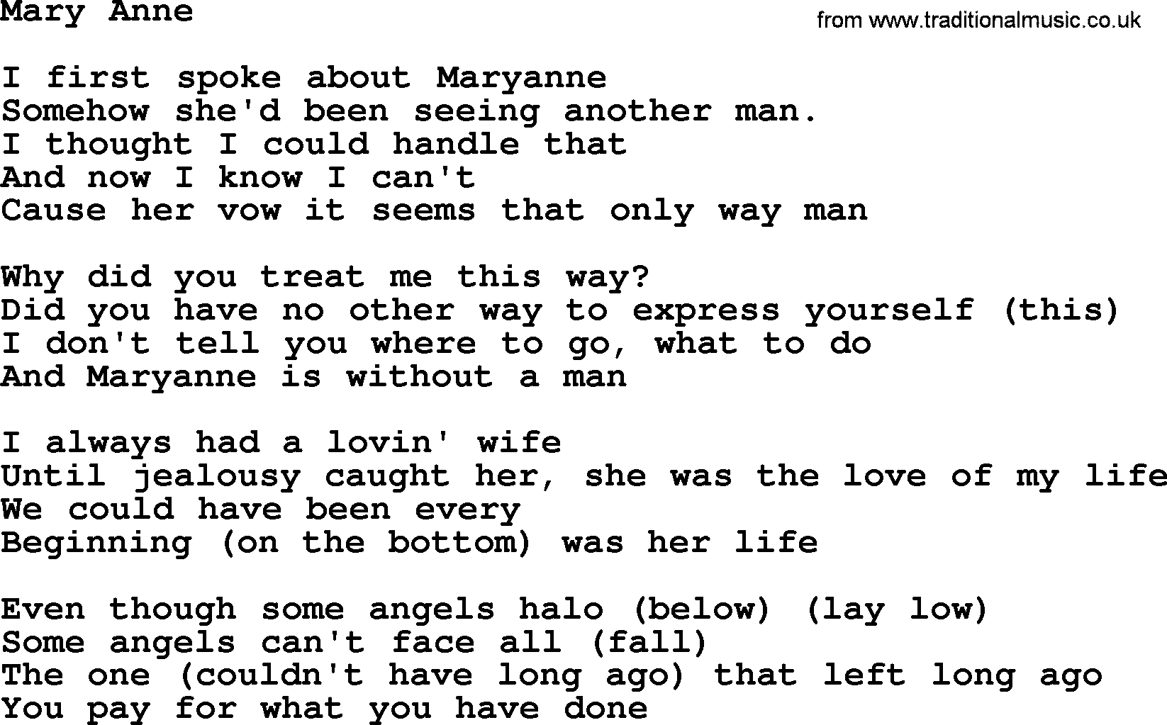 The Byrds song Mary Anne, lyrics