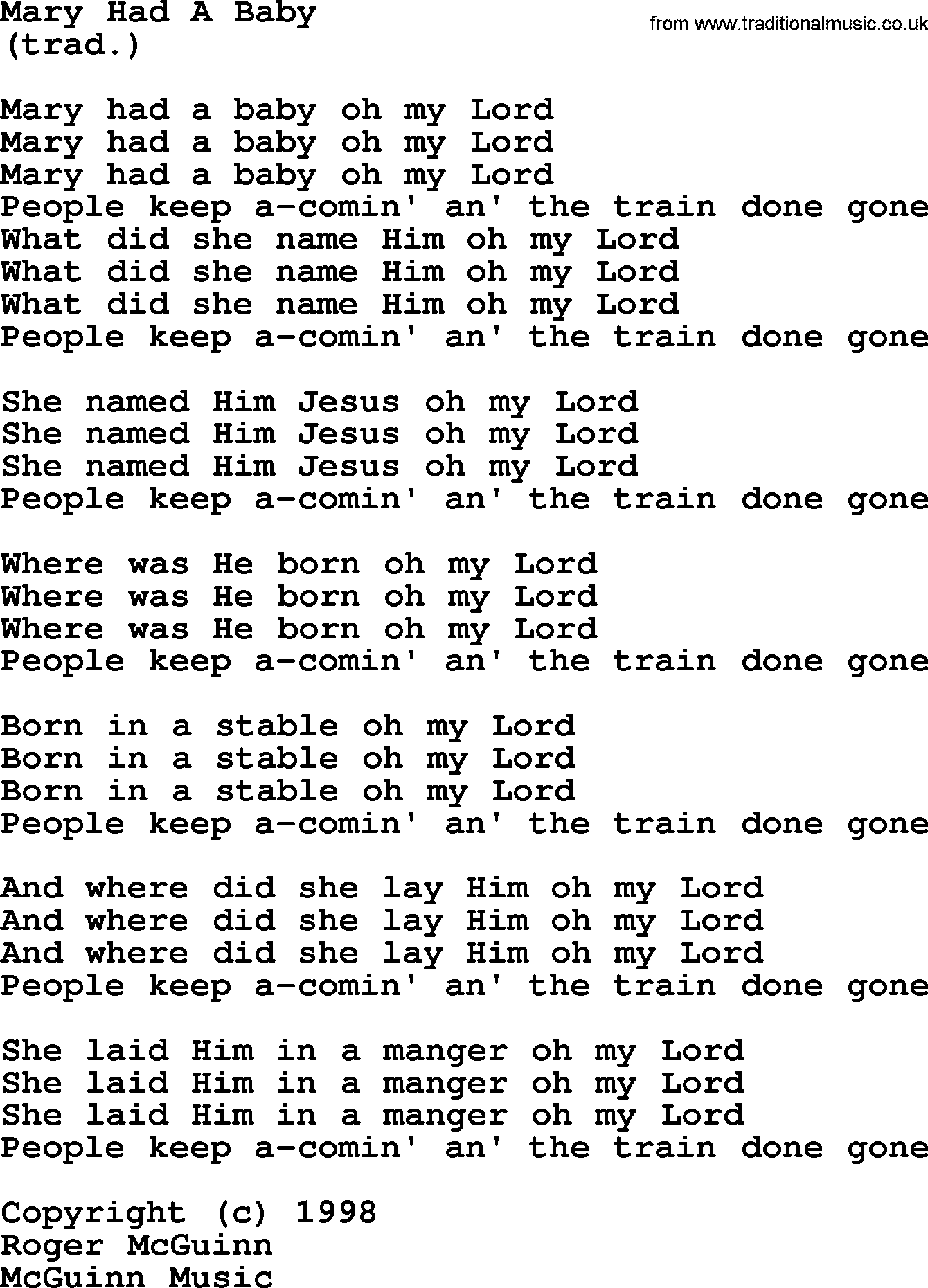 The Byrds song Mary Had A Baby, lyrics