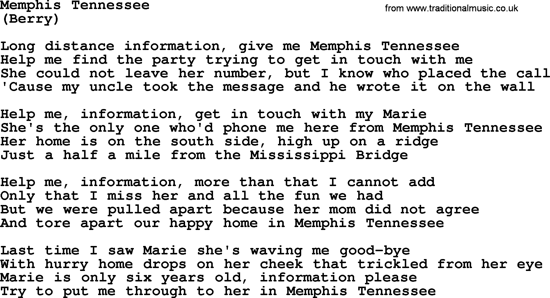 The Byrds song Memphis Tennessee, lyrics