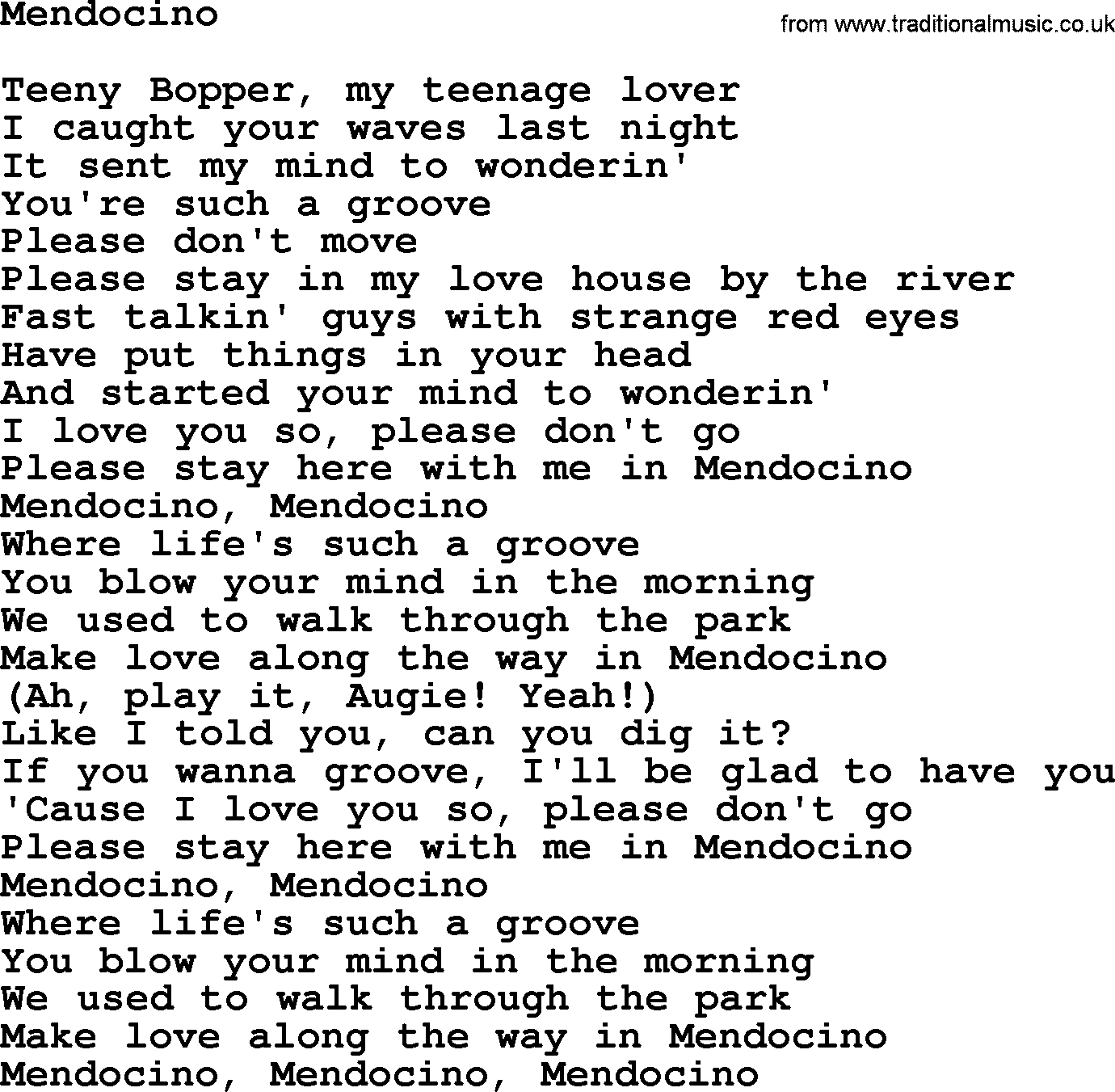 The Byrds song Mendocino, lyrics