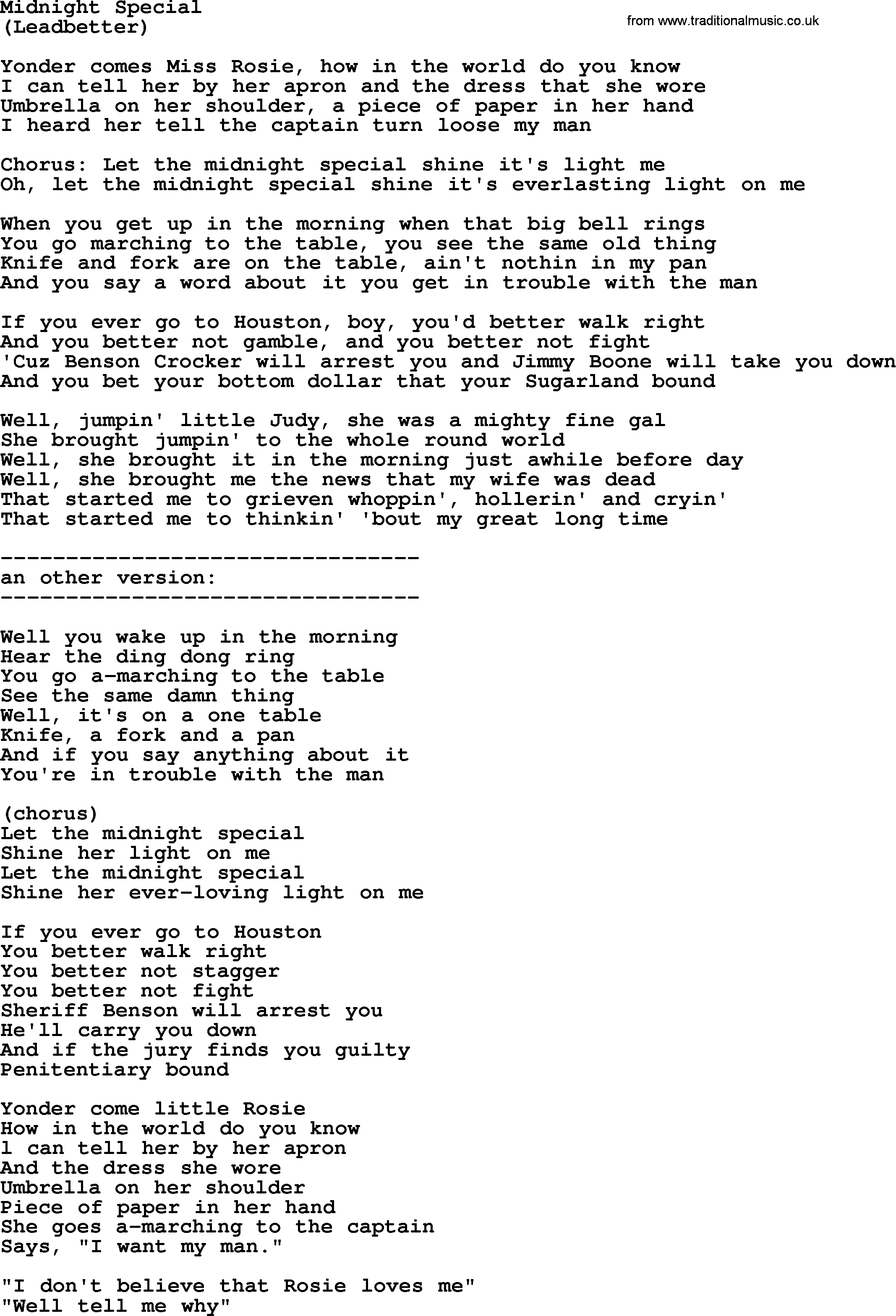 The Byrds song Midnight Special, lyrics