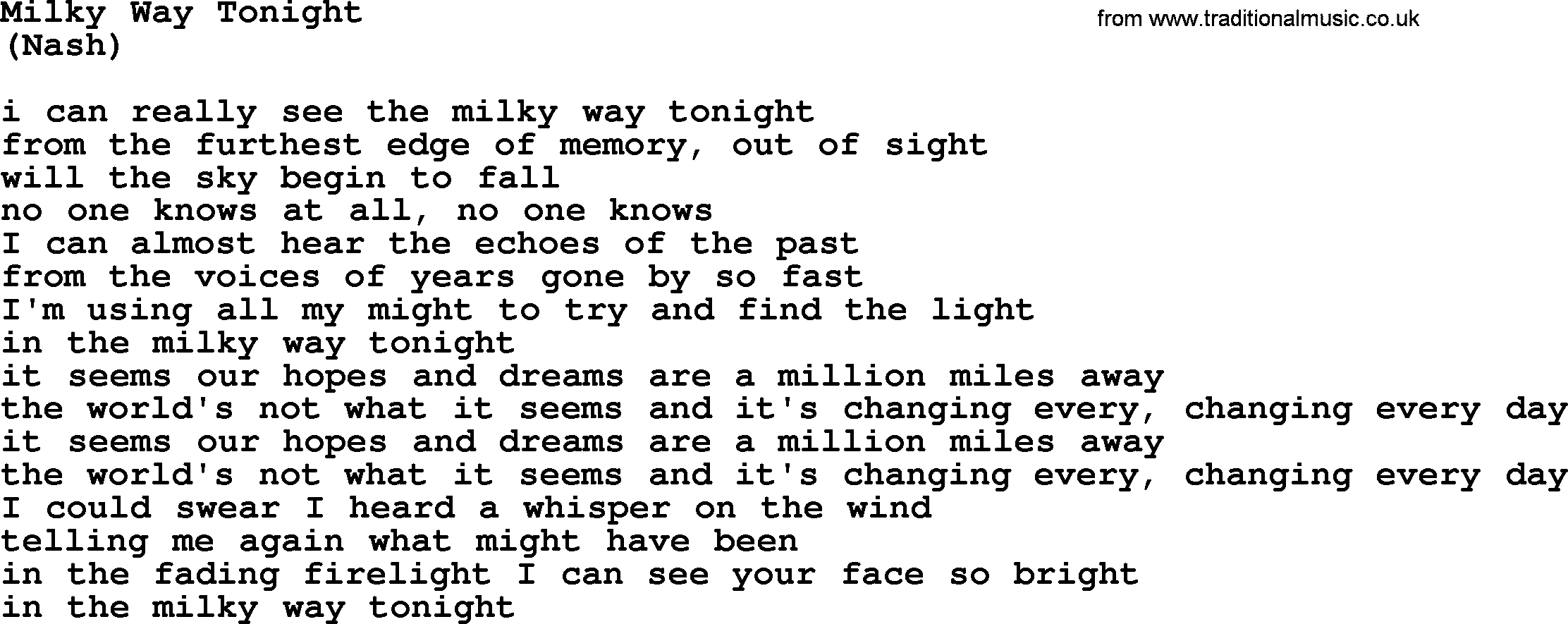 The Byrds song Milky Way Tonight, lyrics
