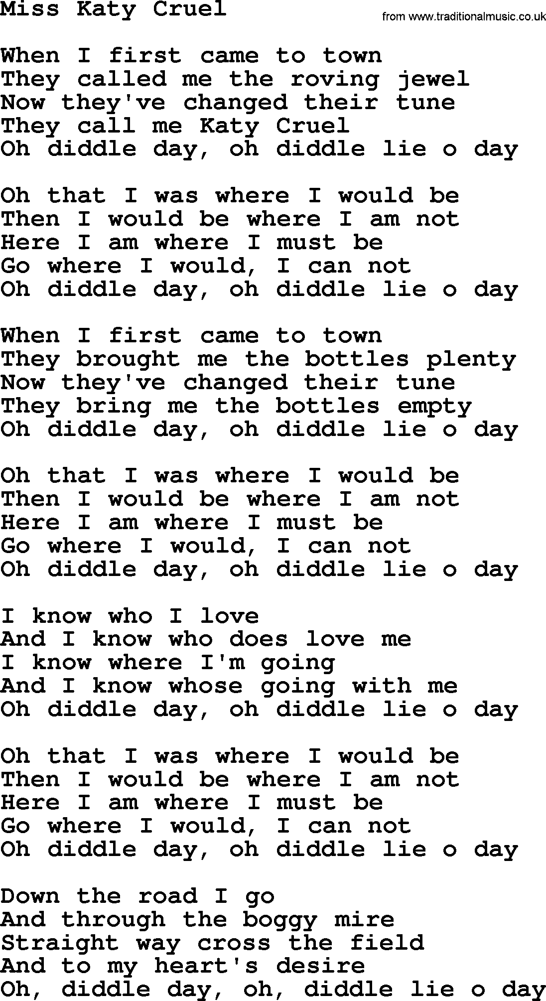 The Byrds song Miss Katy Cruel, lyrics