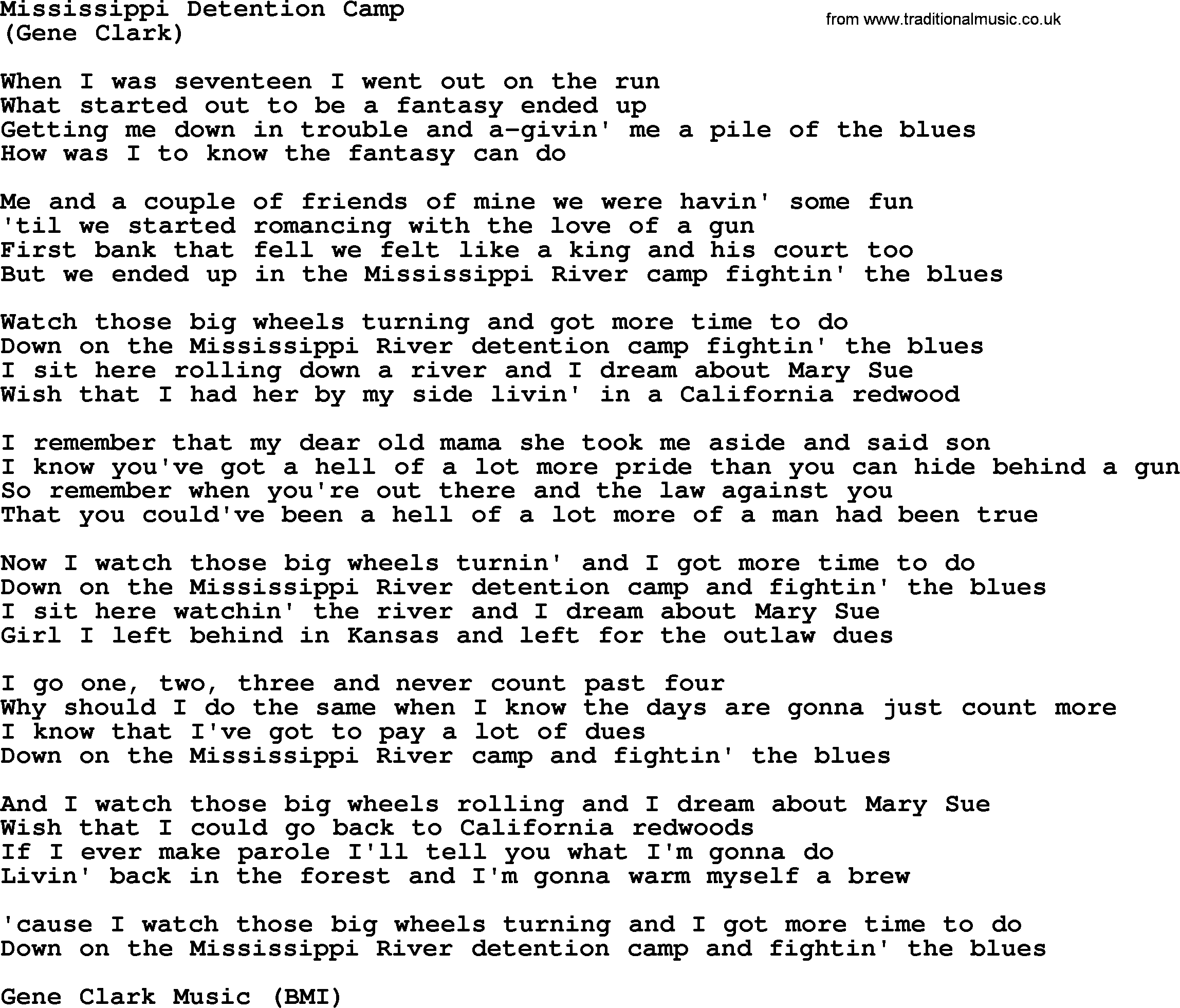 The Byrds song Mississippi Detention Camp, lyrics
