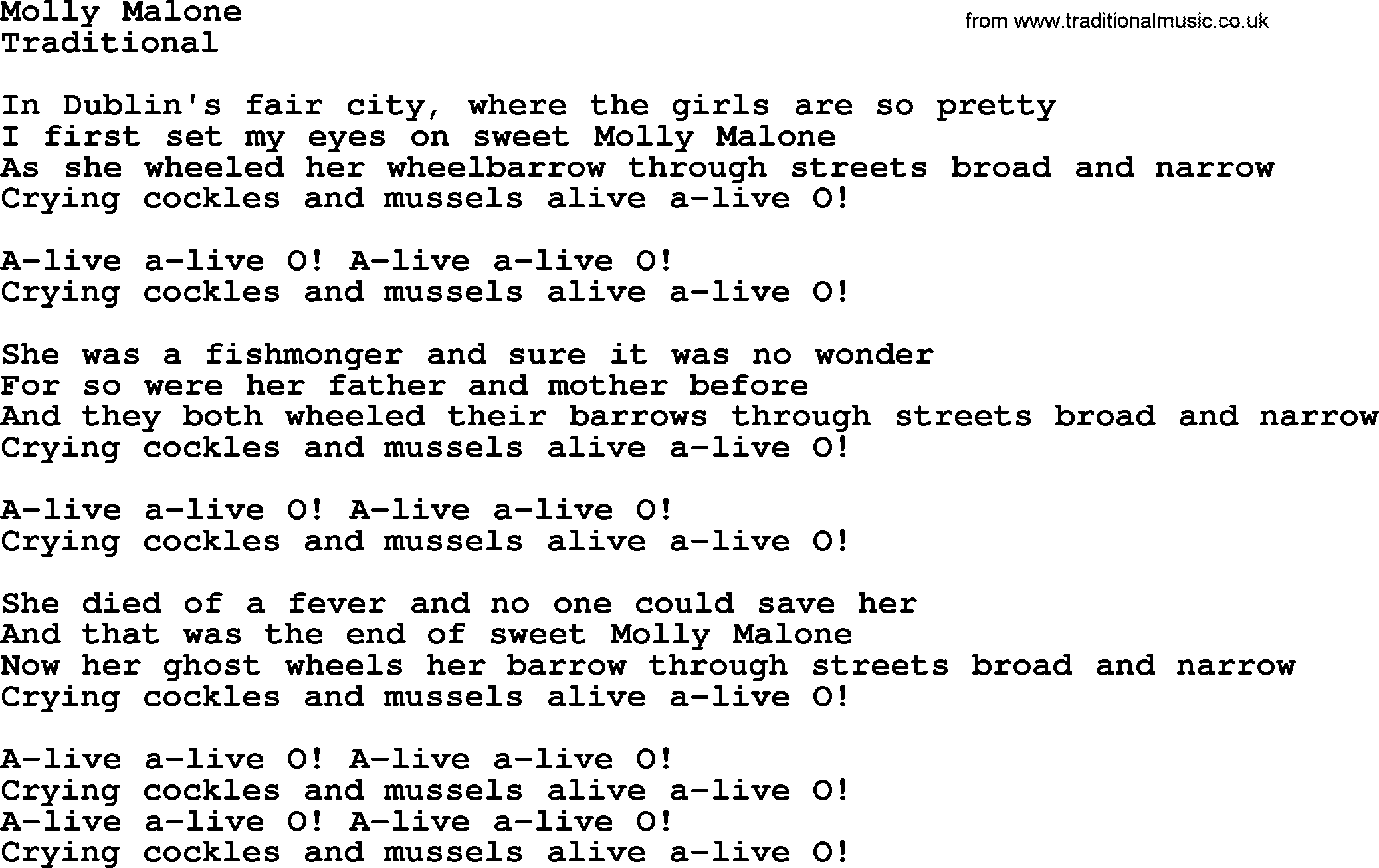 The Byrds song Molly Malone, lyrics