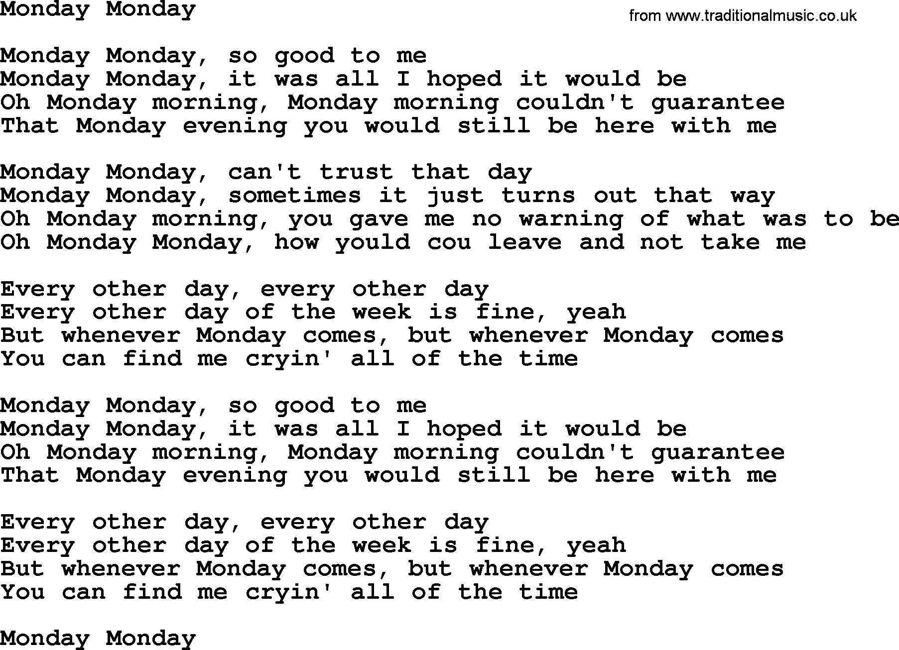 The Byrds song Monday Monday, lyrics