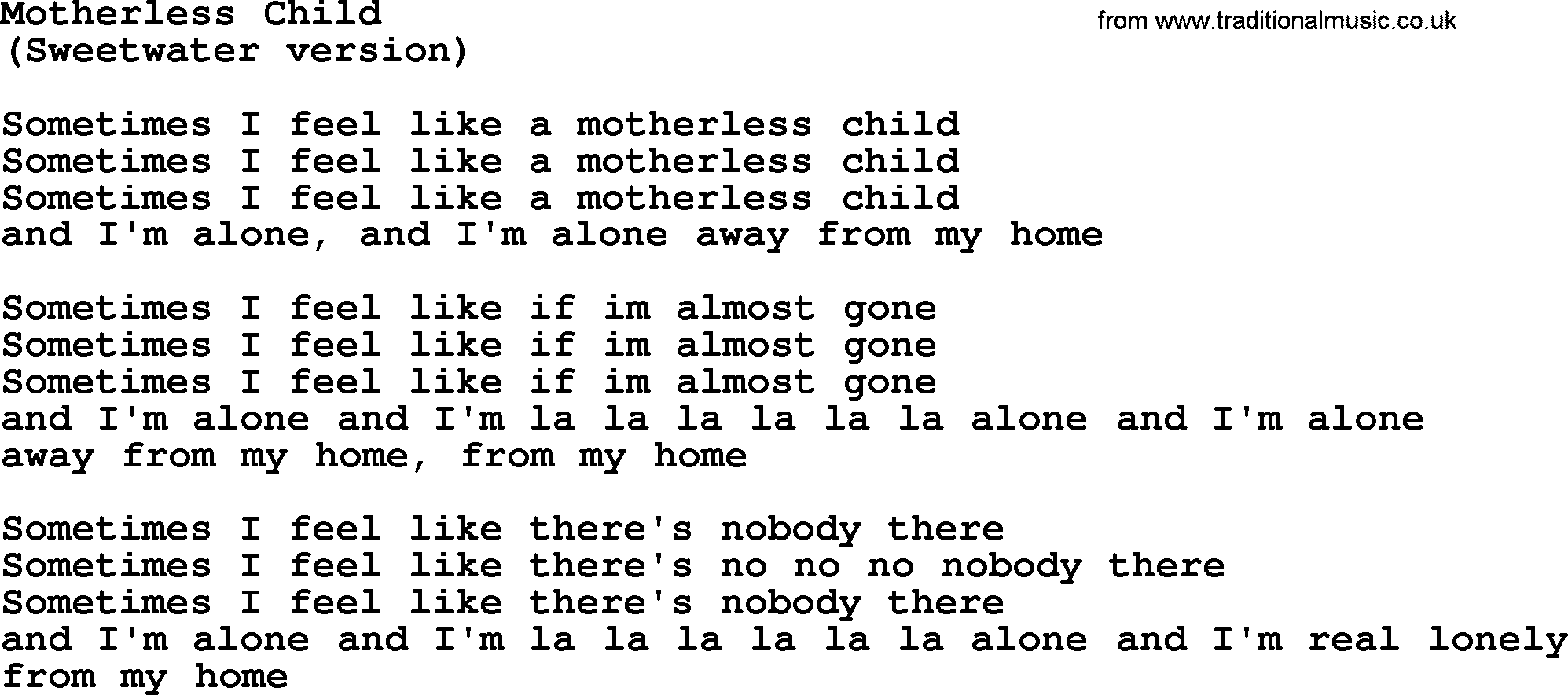 The Byrds song Motherless Child, lyrics