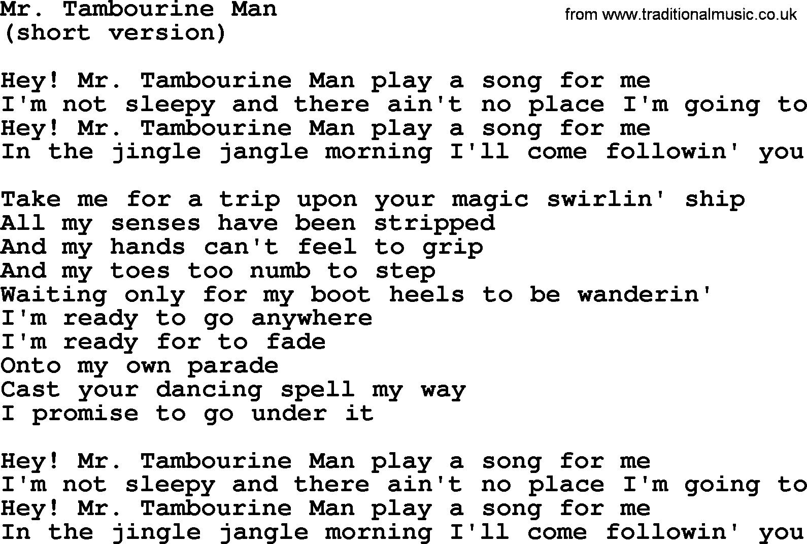 The Byrds song Mr  Tambourine Man, lyrics
