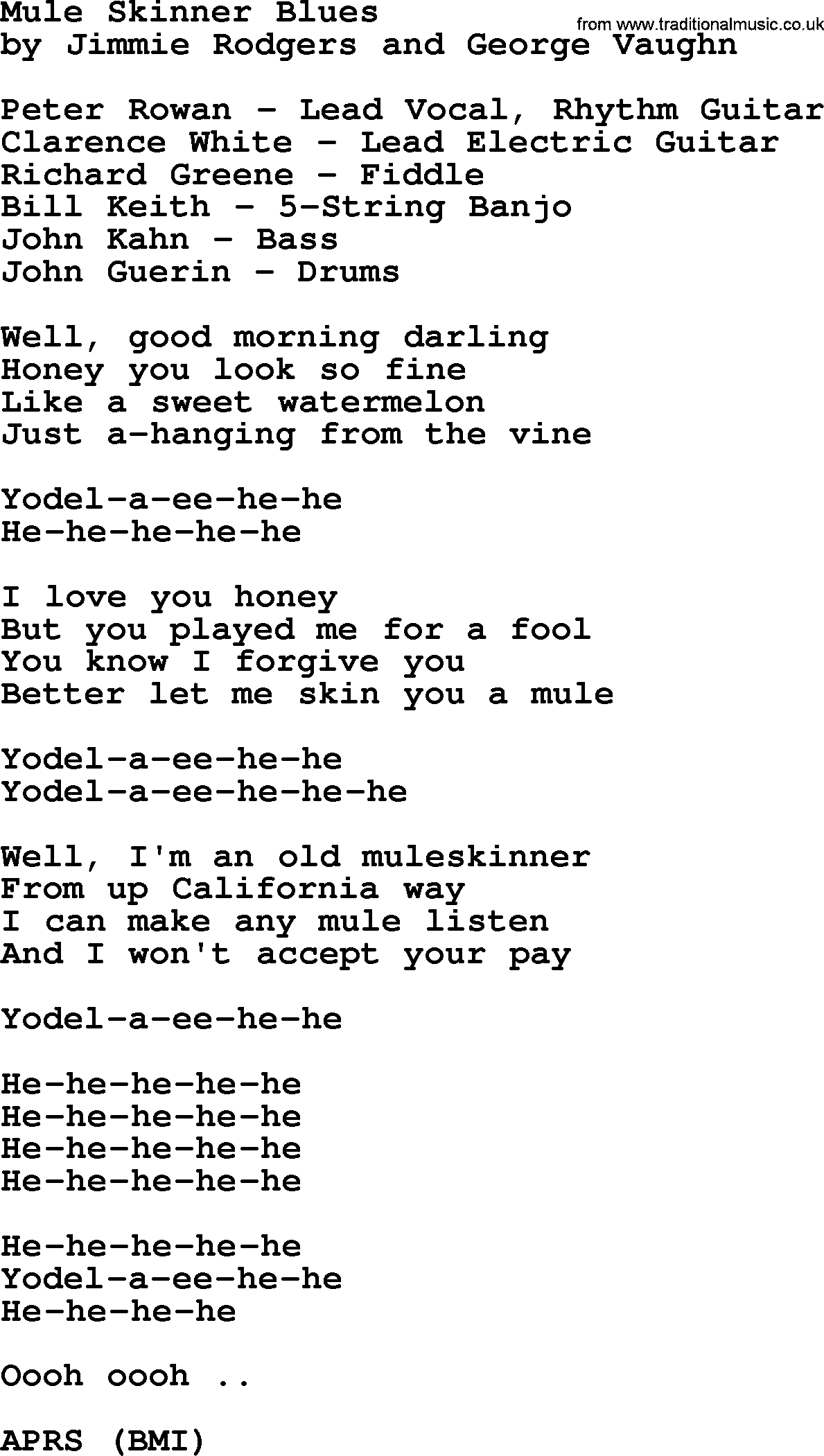 The Byrds song Mule Skinner Blues, lyrics