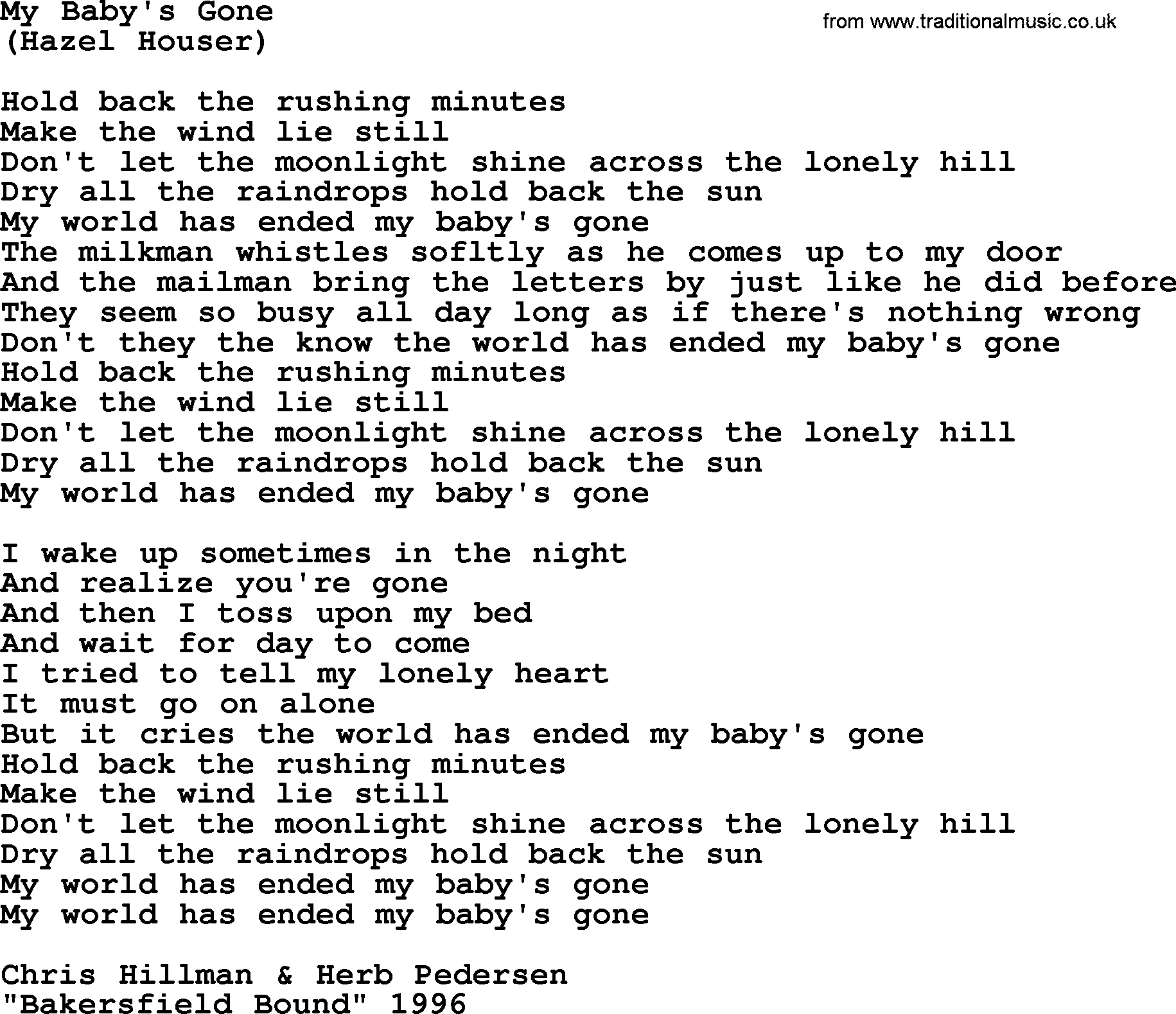 The Byrds song My Baby's Gone, lyrics