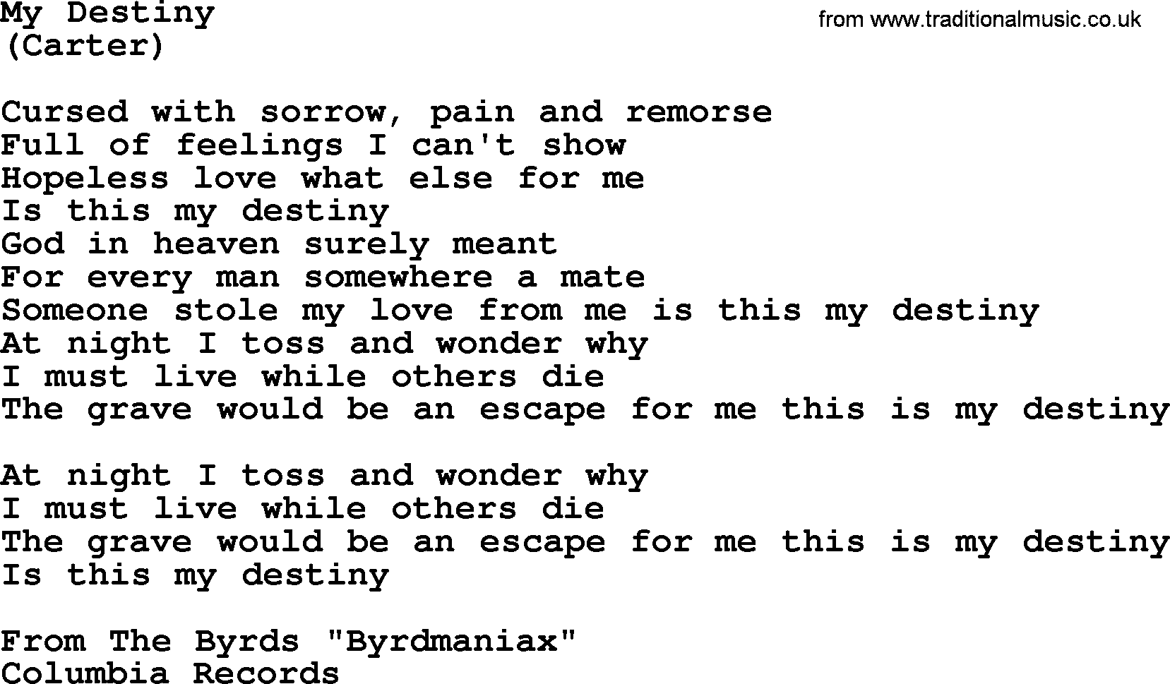The Byrds song My Destiny, lyrics