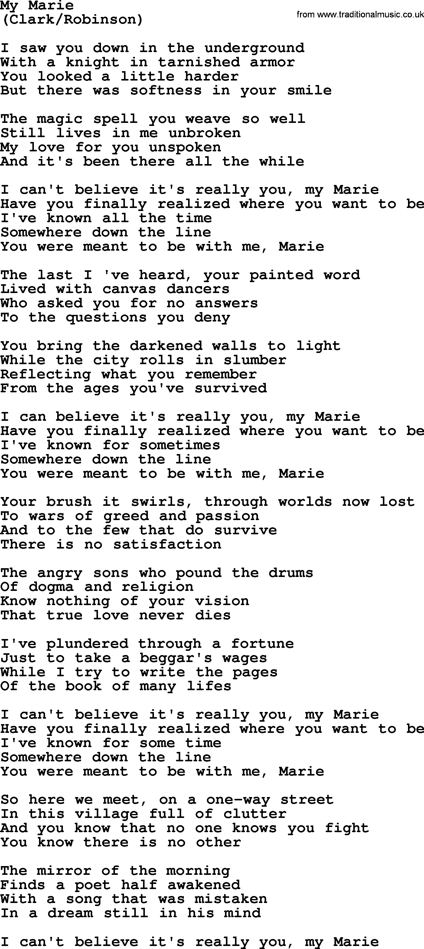 The Byrds song My Marie, lyrics