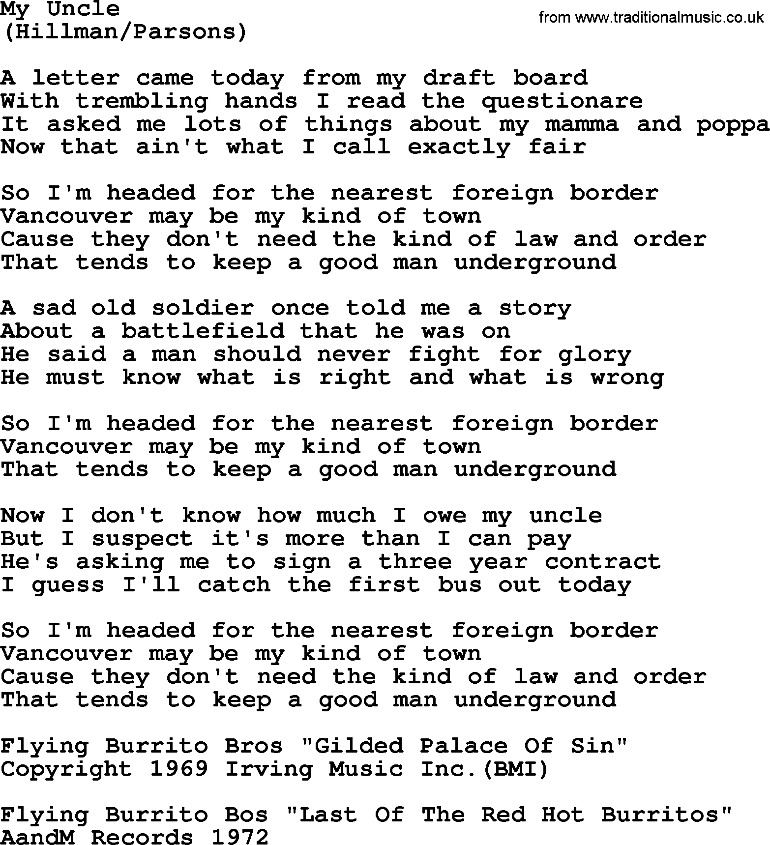 The Byrds song My Uncle, lyrics