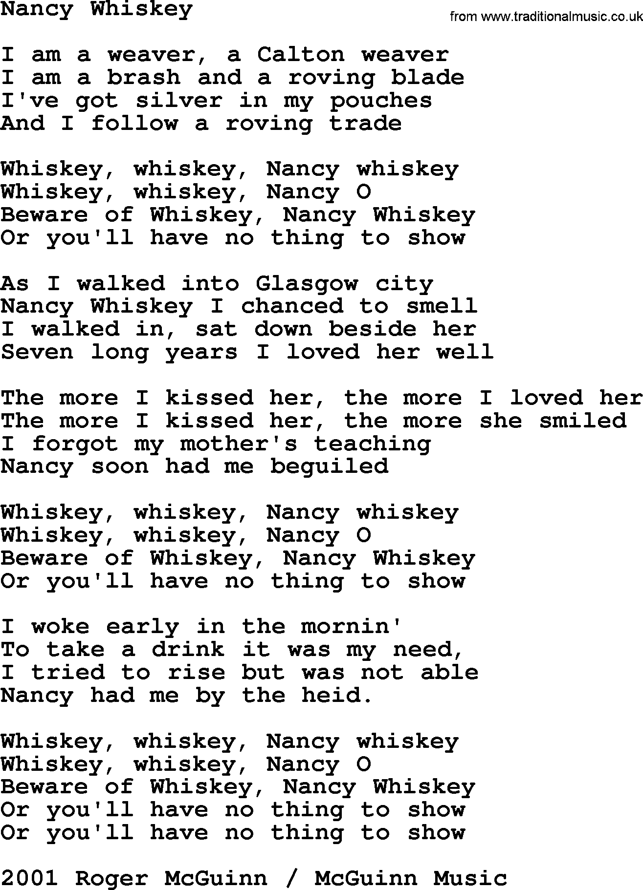The Byrds song Nancy Whiskey, lyrics