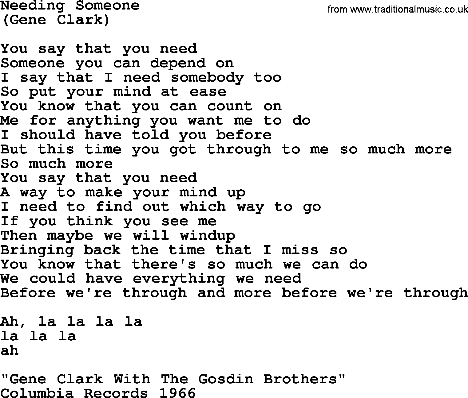 The Byrds song Needing Someone, lyrics