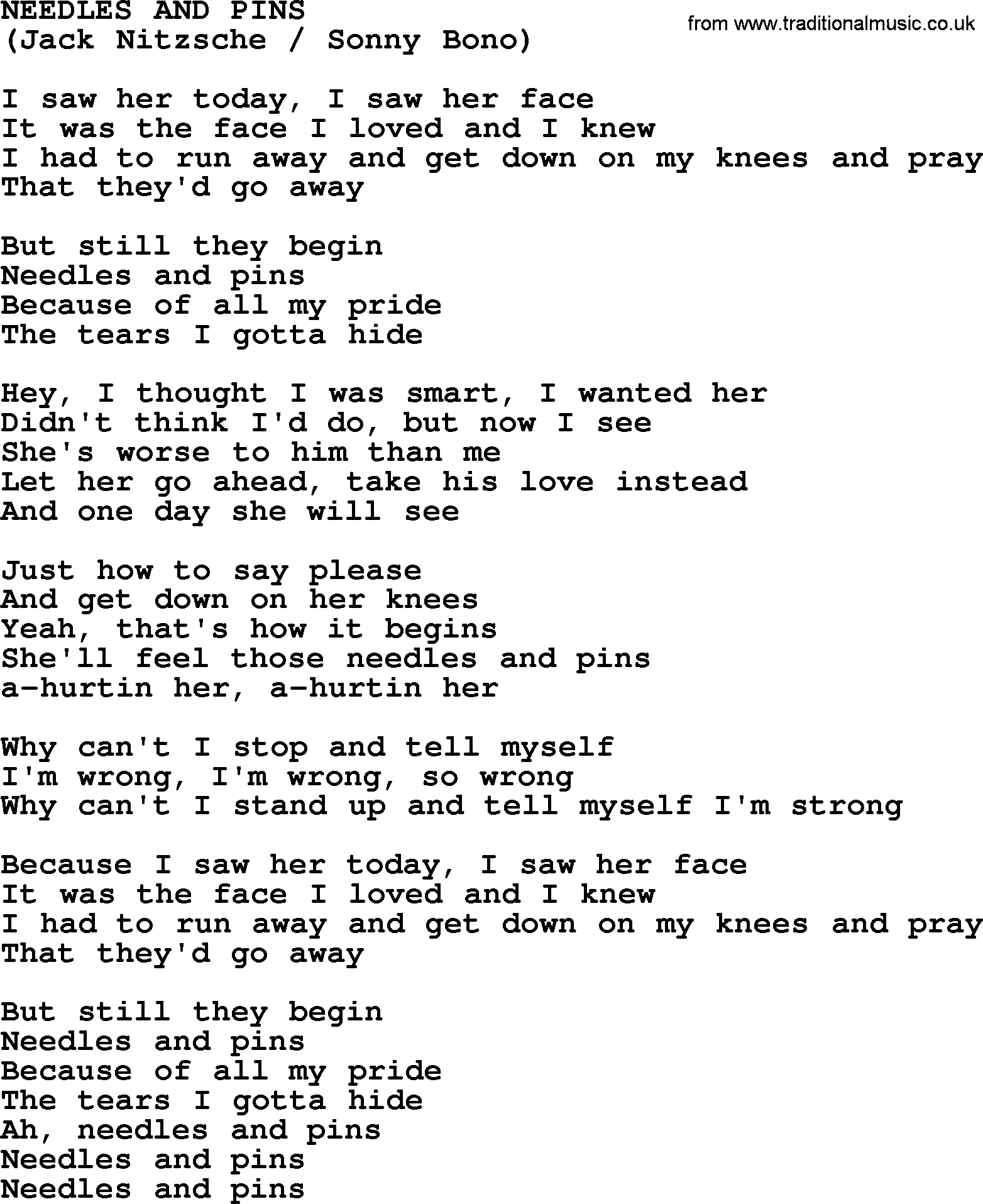 The Byrds song Needles And Pins, lyrics