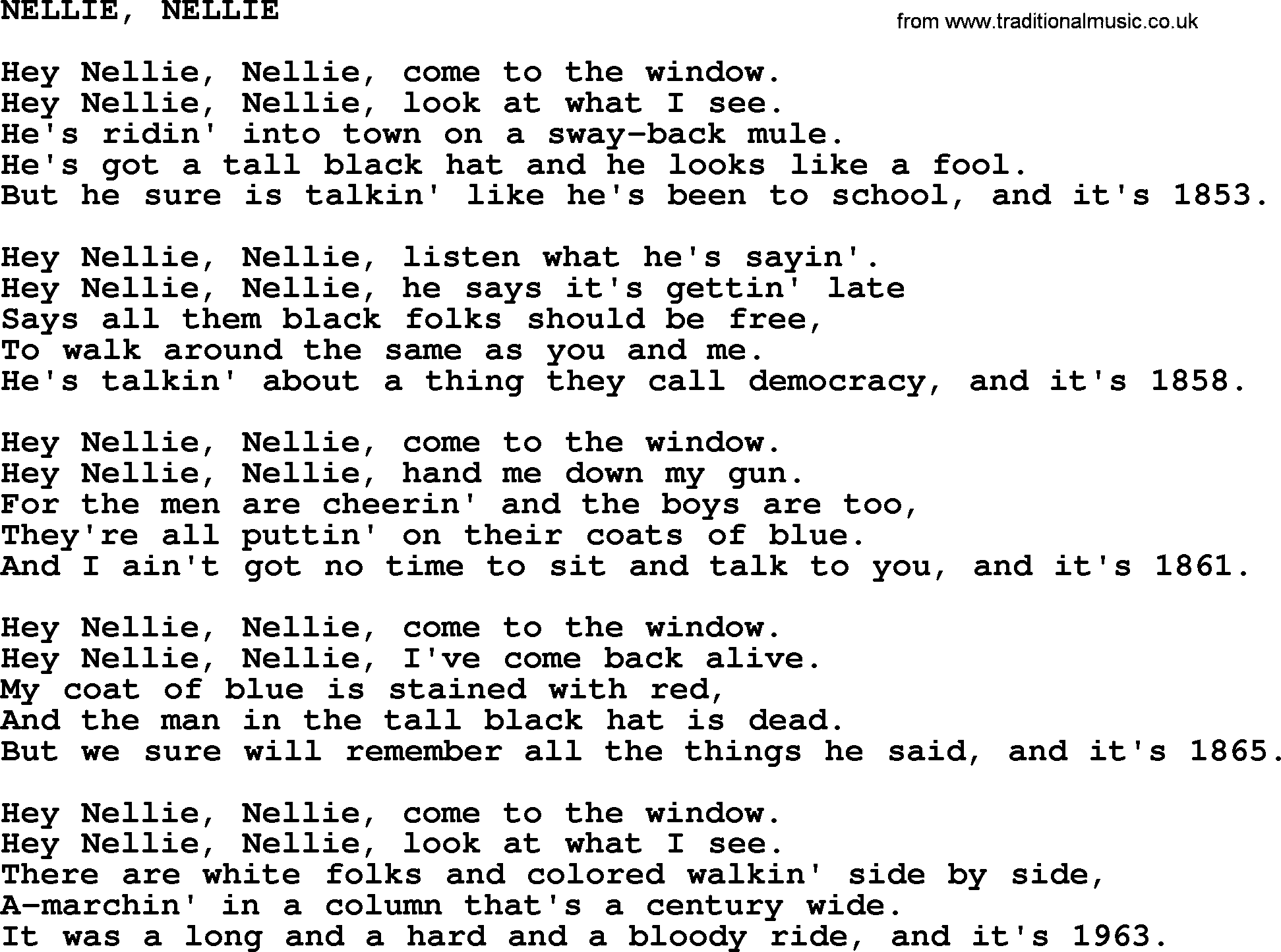 The Byrds song Nellie, Nellie, lyrics
