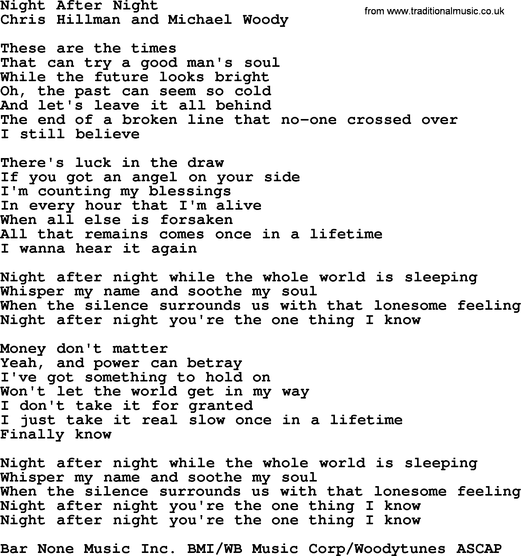 The Byrds song Night After Night, lyrics