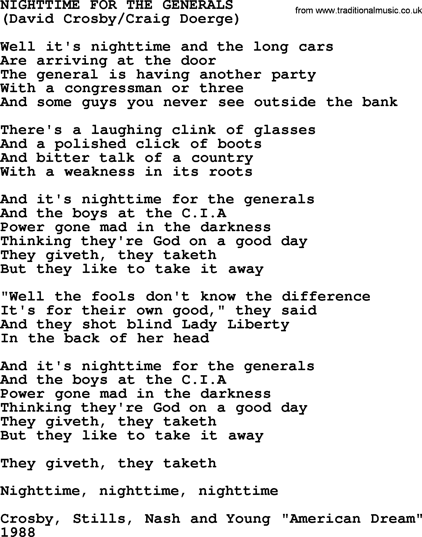 The Byrds song Nighttime For The Generals, lyrics