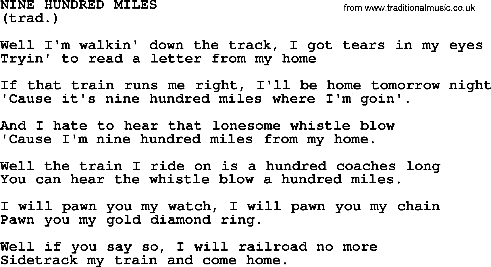 The Byrds song Nine Hundred Miles, lyrics