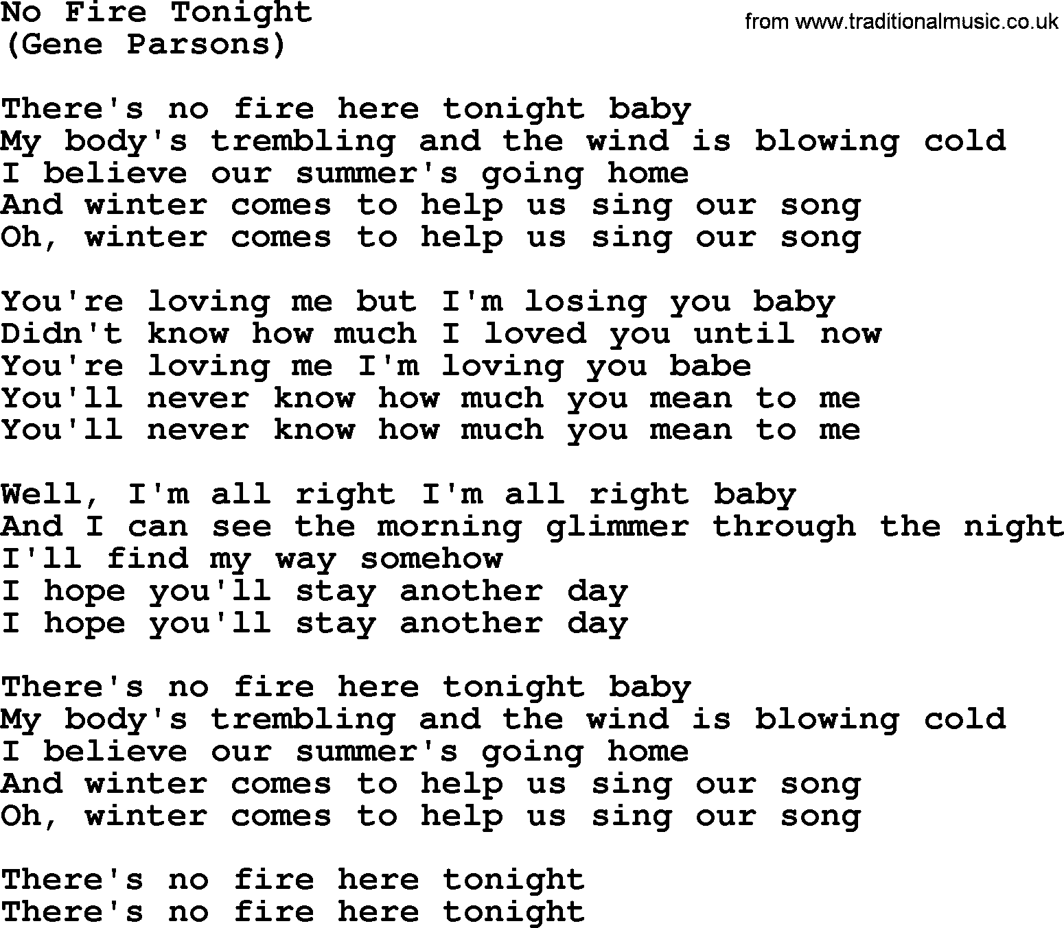 The Byrds song No Fire Tonight, lyrics