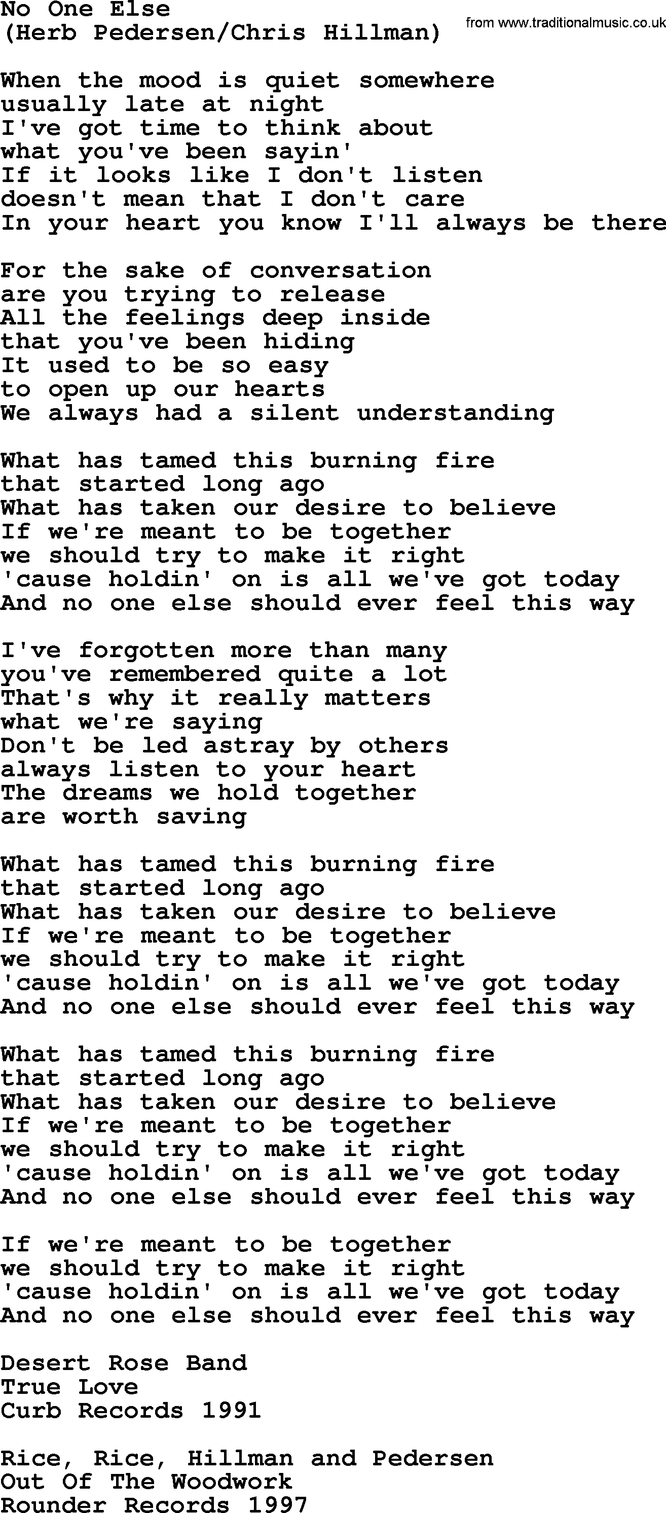 The Byrds song No One Else, lyrics