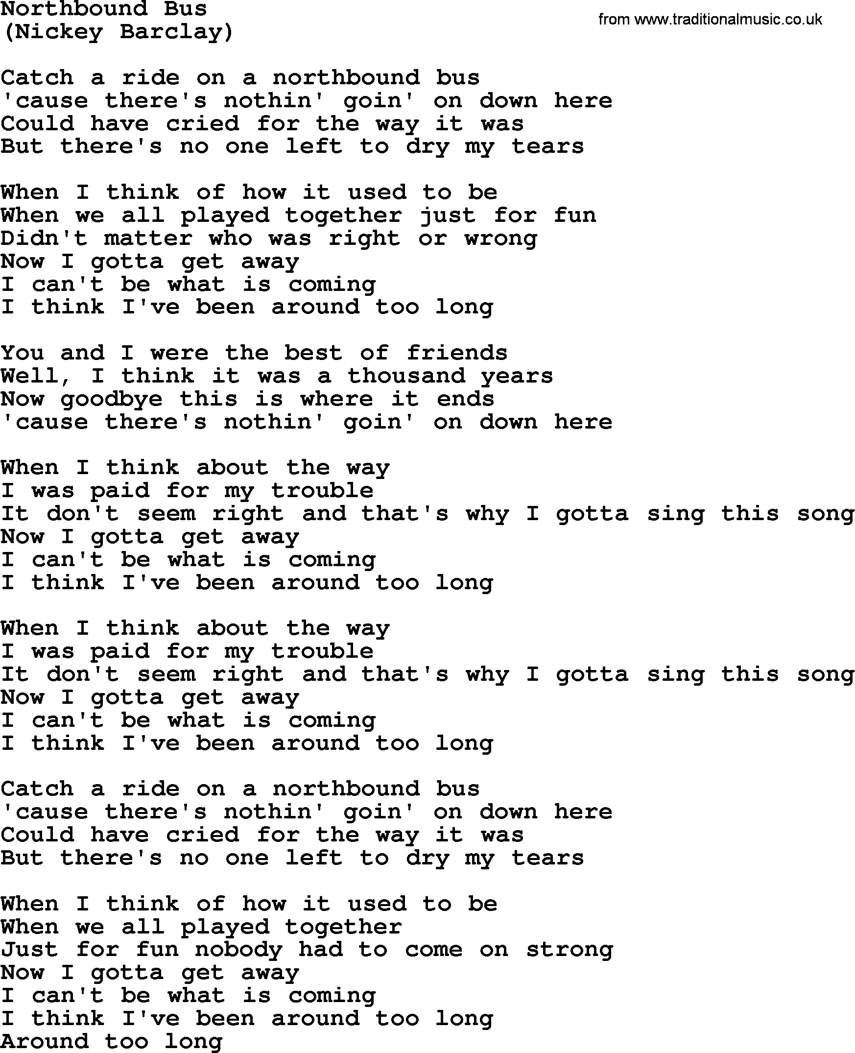 The Byrds song Northbound Bus, lyrics