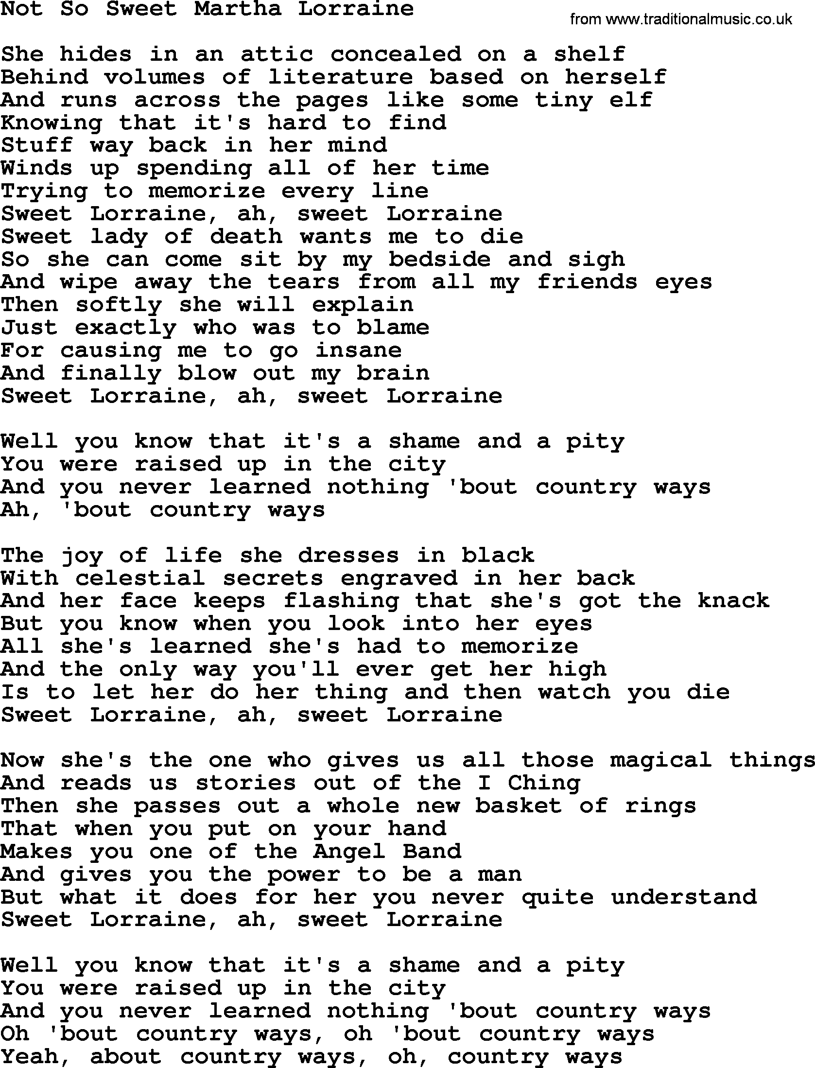 The Byrds song Not So Sweet Martha Lorraine, lyrics