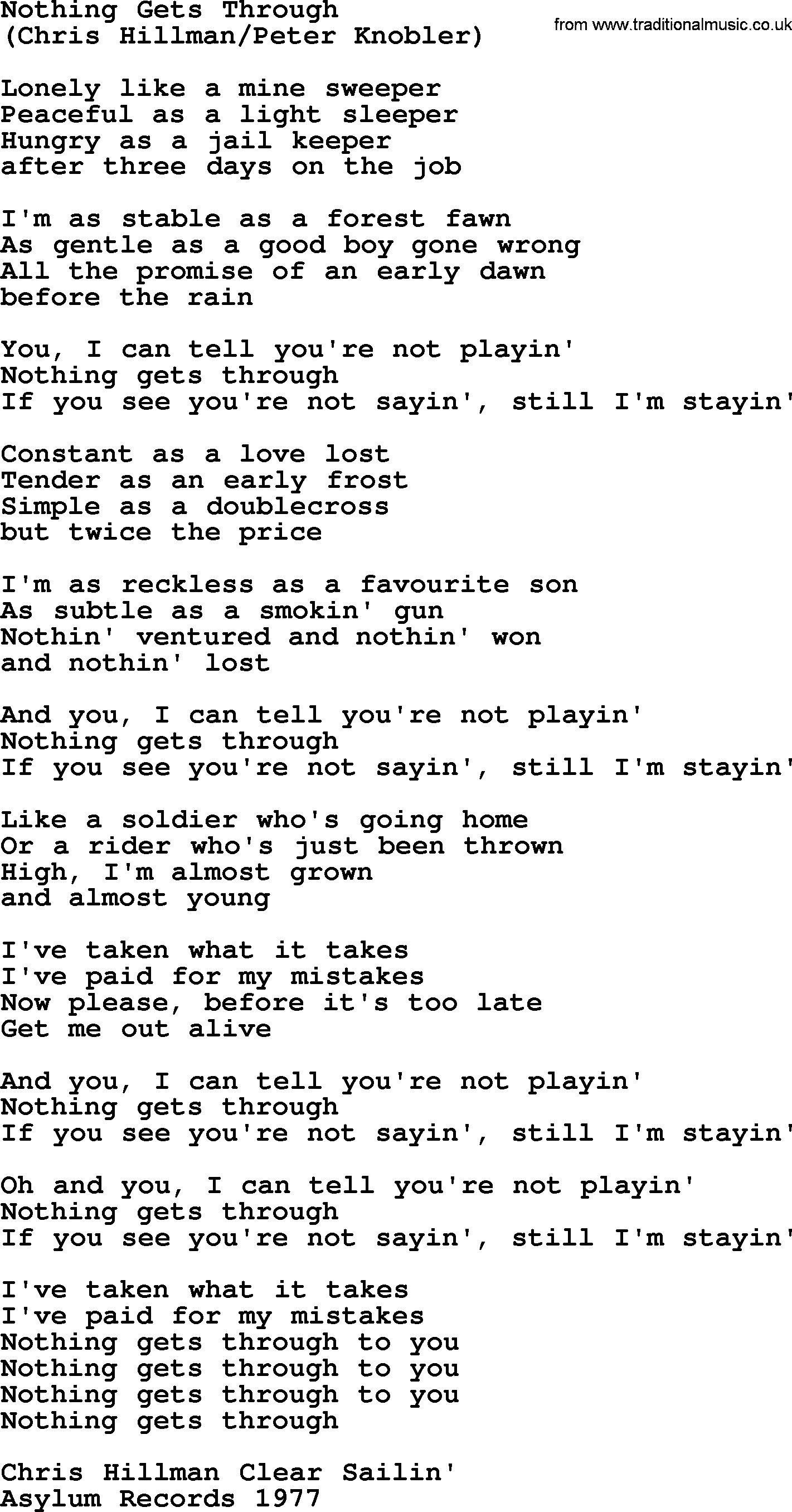 The Byrds song Nothing Gets Through, lyrics
