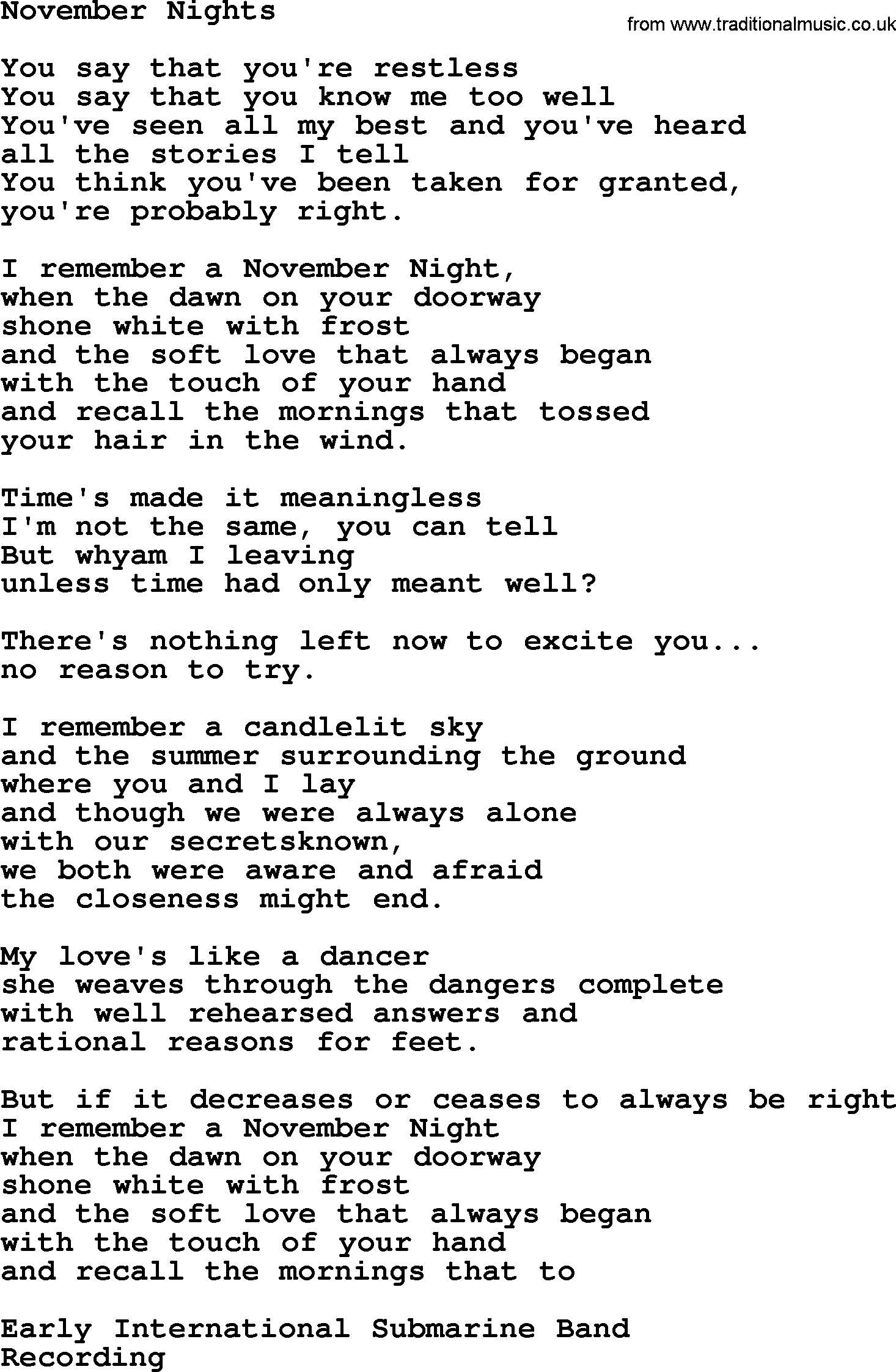 The Byrds song November Nights, lyrics