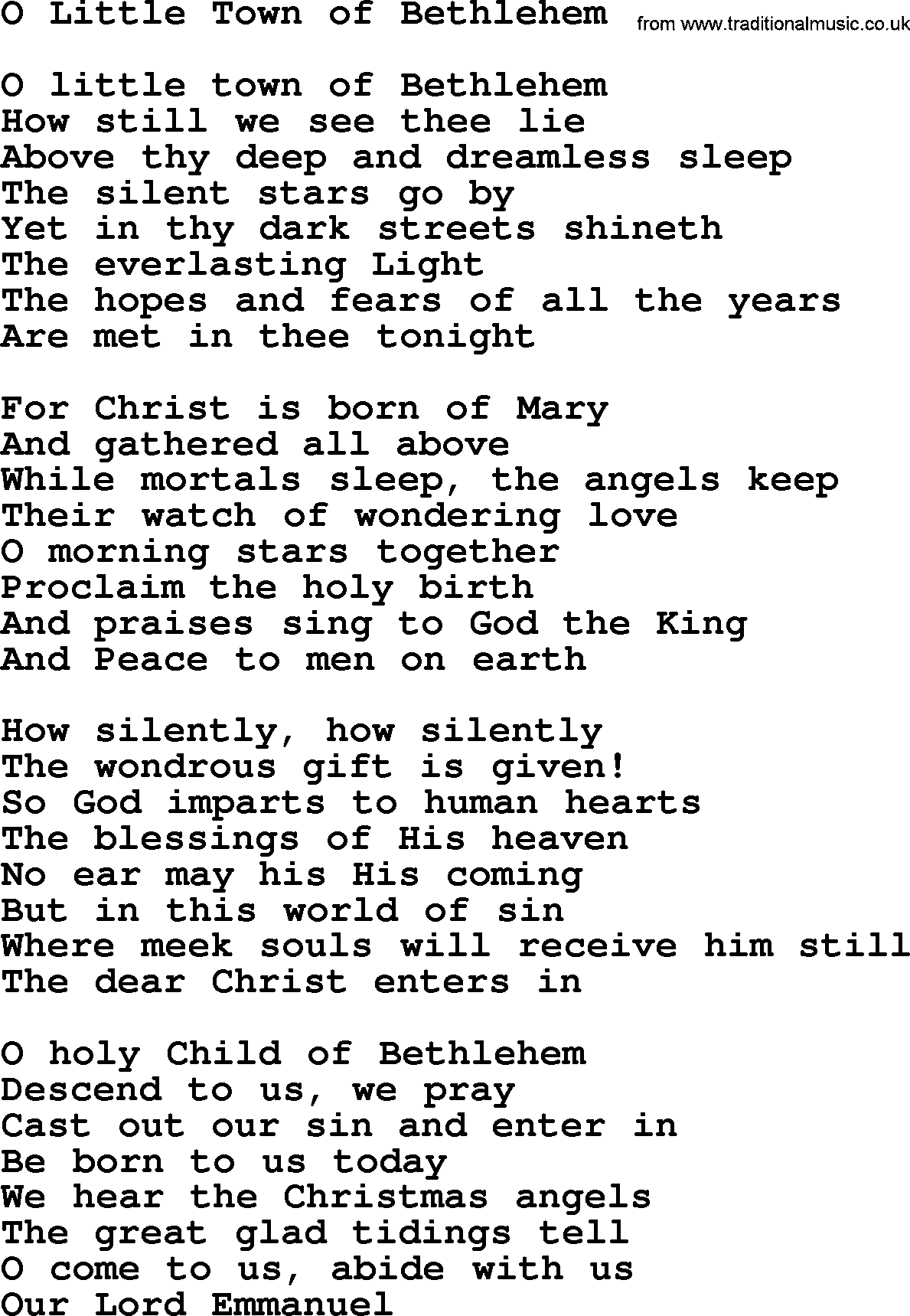 O Little Town Of Bethlehem, by The Byrds lyrics with pdf
