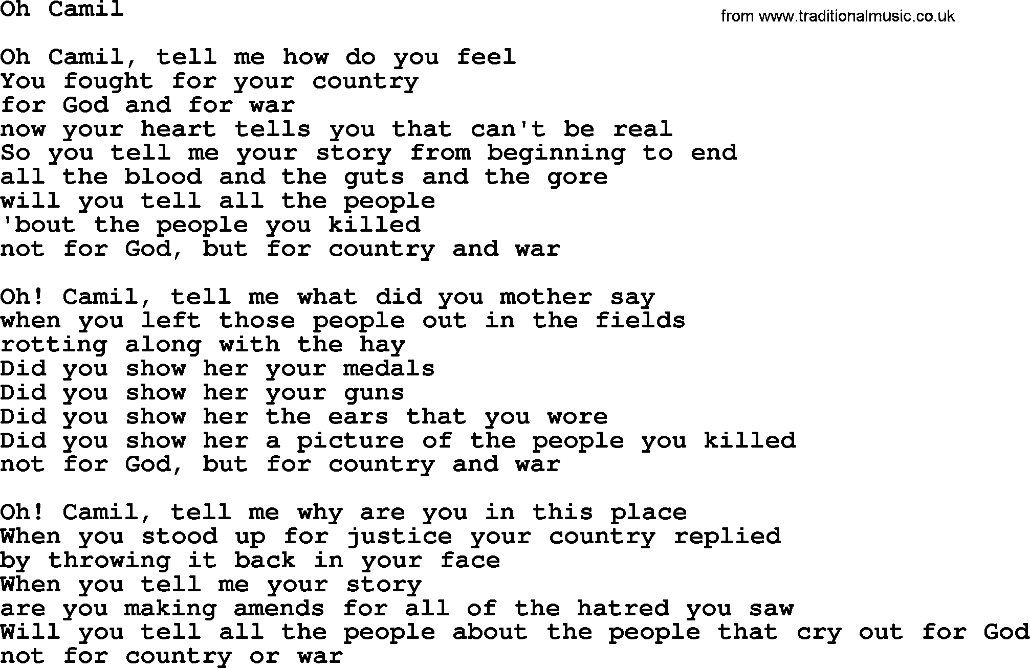 The Byrds song Oh Camil, lyrics