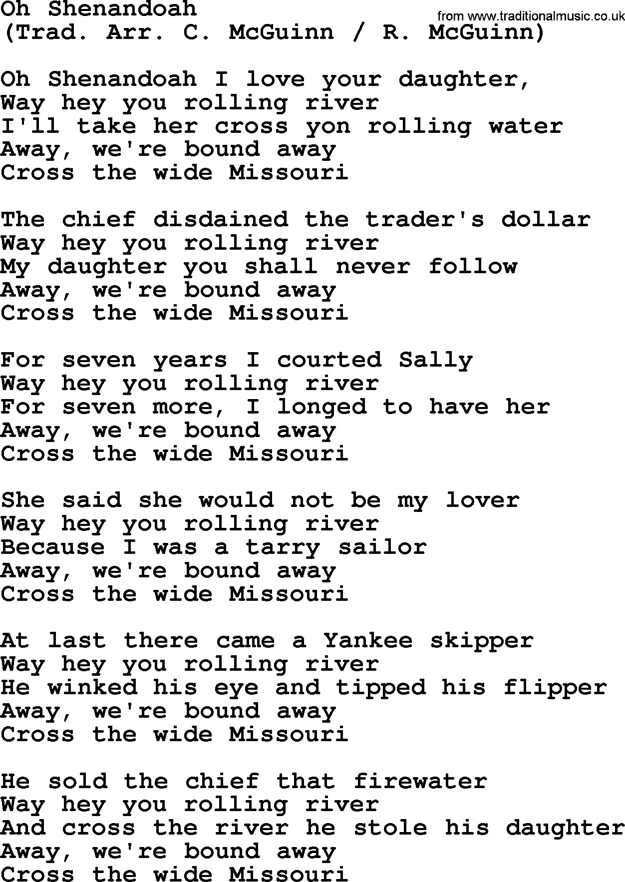 The Byrds song Oh Shenandoah, lyrics