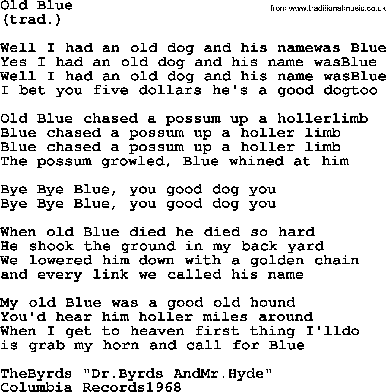 The Byrds song Old Blue, lyrics