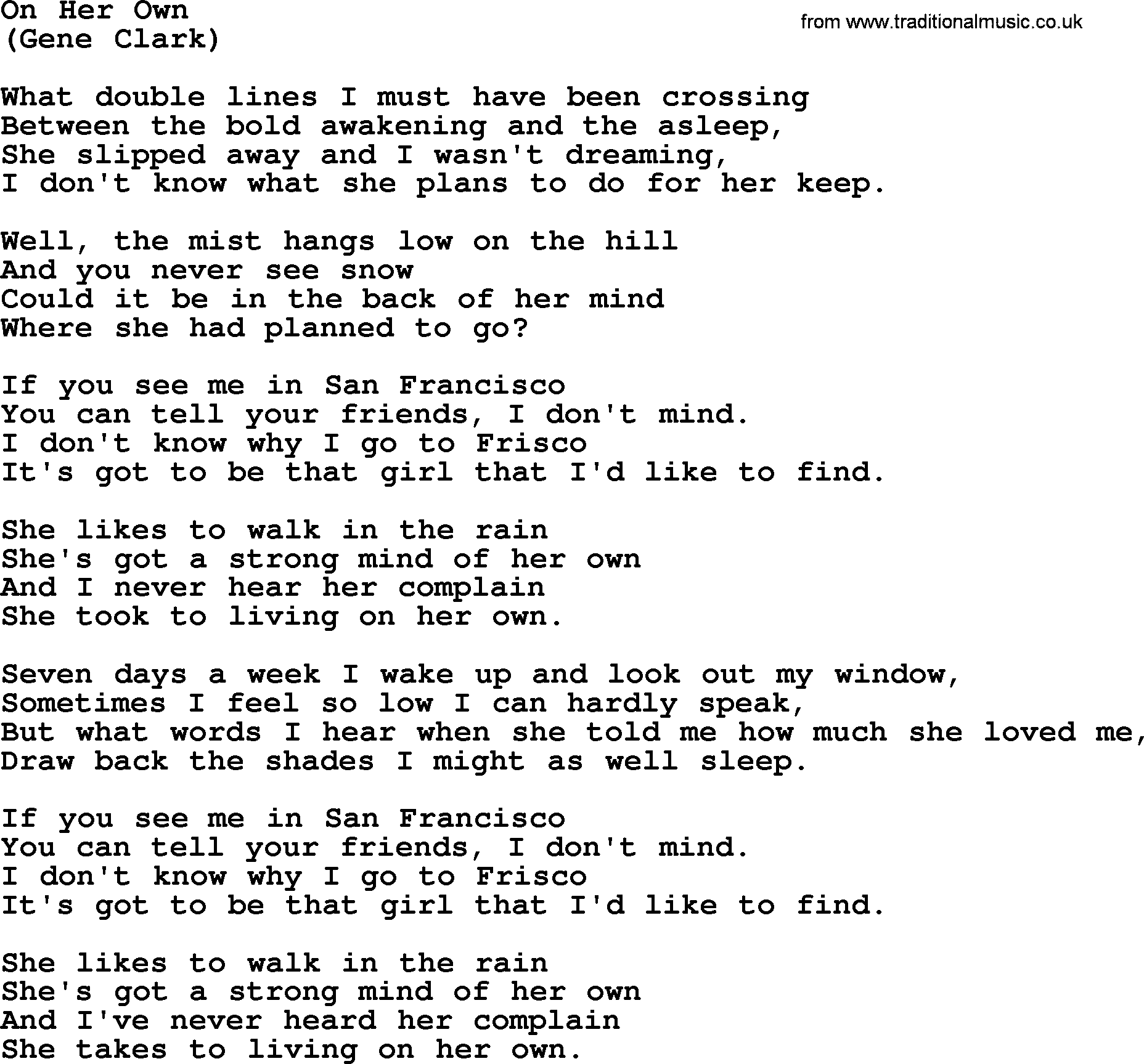 The Byrds song On Her Own, lyrics