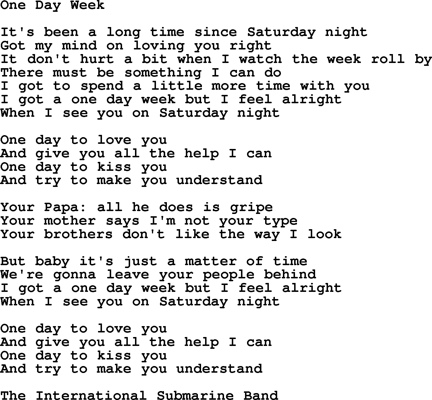 The Byrds song One Day Week, lyrics