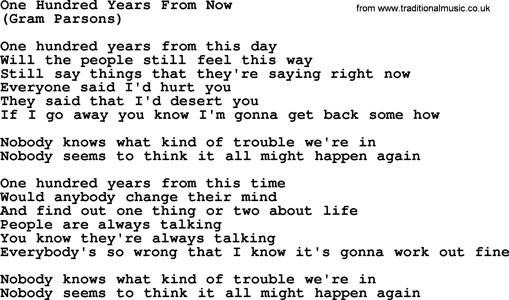 The Byrds song One Hundred Years From Now, lyrics
