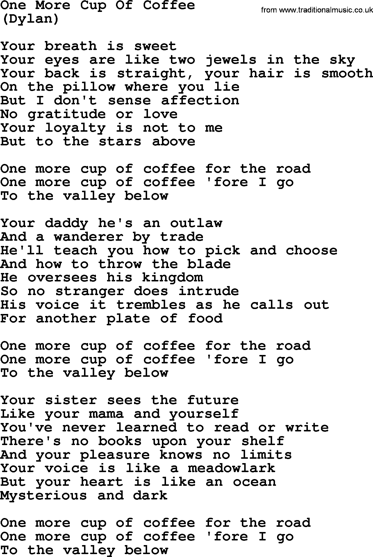 The Byrds song One More Cup Of Coffee, lyrics
