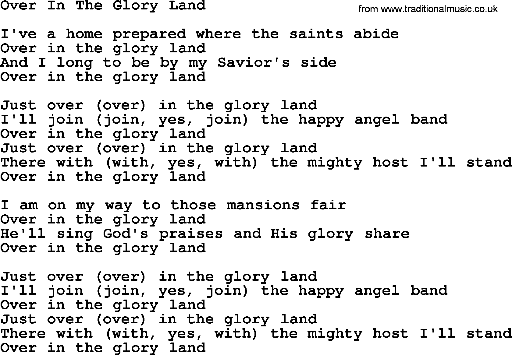 The Byrds song Over In The Glory Land, lyrics