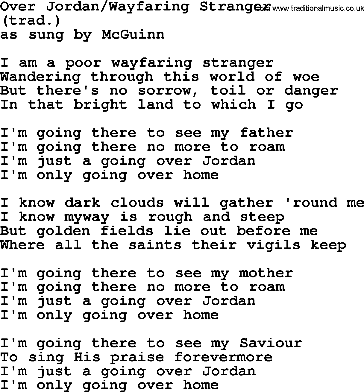 The Byrds song Over Jordan Wayfaring Stranger, lyrics